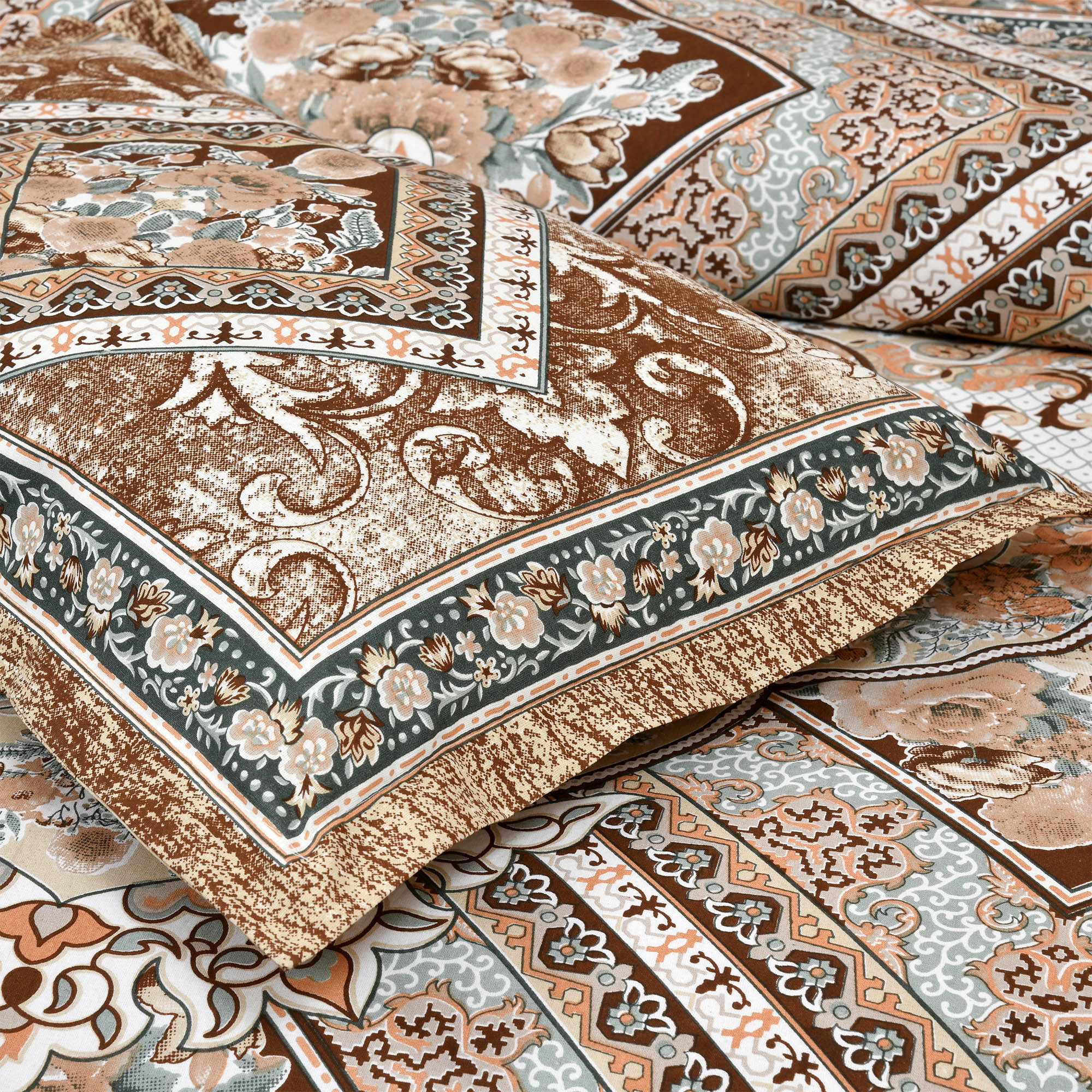 Kuber Industries Double Bedsheet with 2 Pillow Covers  186 TC Premium Cotton Bedsheet for Double Bed  Bedsheet for Living Room-Home  Hotels  Arabic Beauty Flower Square  100x108 Inch  Brown