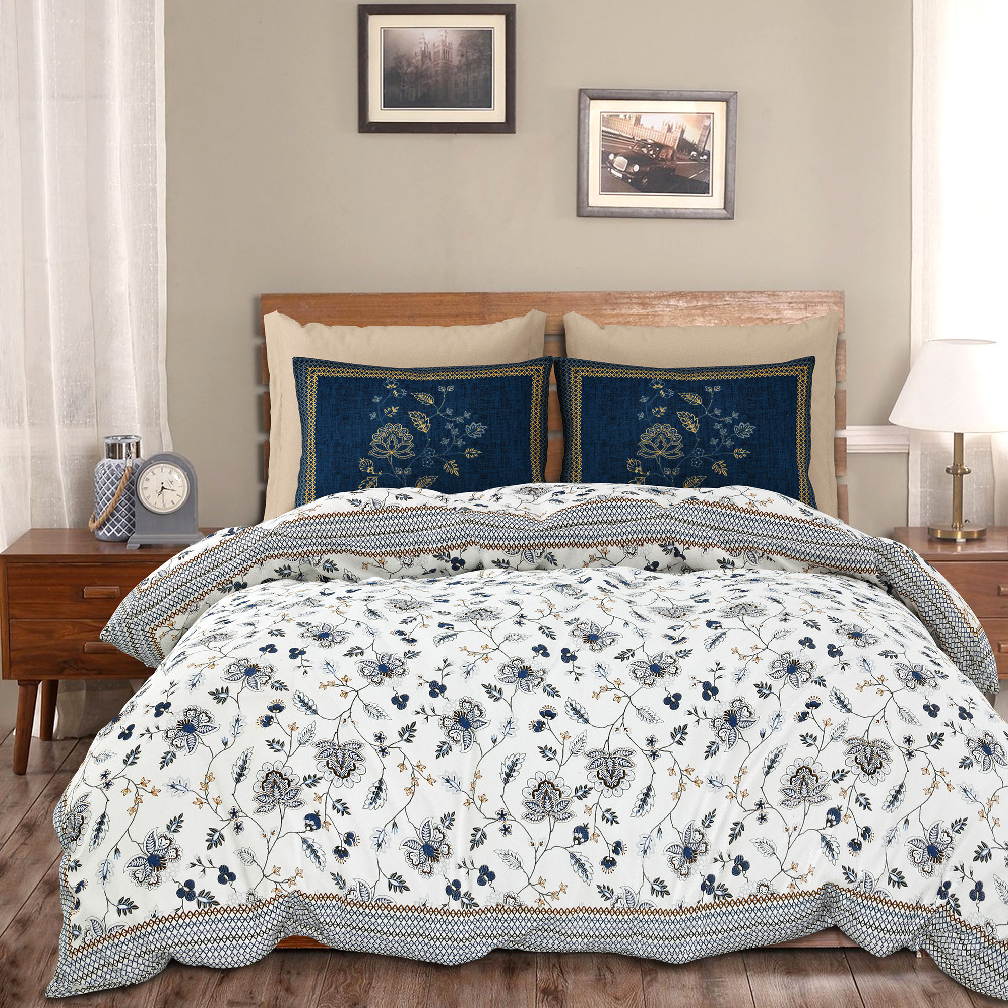Kuber Industries Double Bedsheet with 2 Pillow Covers | 186 TC Premium Cotton Bedsheet for Double Bed | Bedsheet for Living Room-Home & Hotels | Embroidery Flower Zig-Zag | 100x108 Inch | Blue