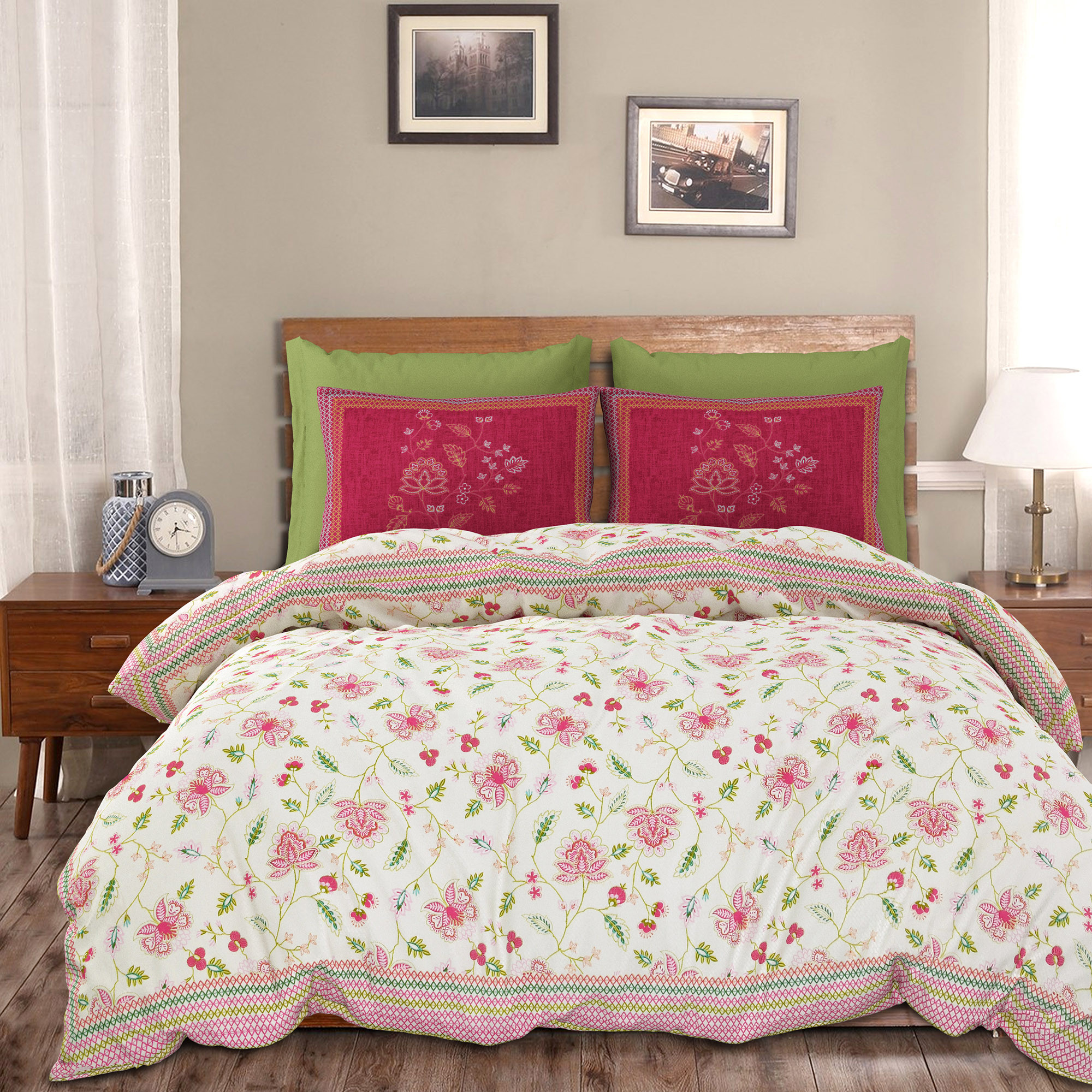Kuber Industries Double Bedsheet with 2 Pillow Covers | 186 TC Premium Cotton Bedsheet for Double Bed | Bedsheet for Living Room-Home & Hotels | Embroidery Flower Zig-Zag | 100x108 Inch | Pink