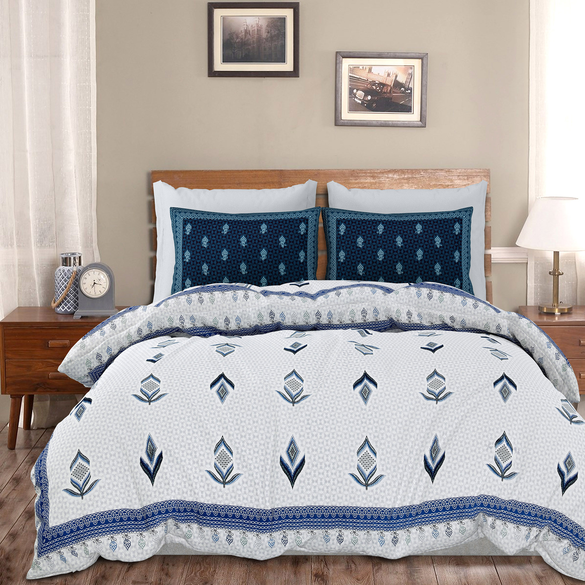 Kuber Industries Double Bedsheet with 2 Pillow Covers | 186 TC Premium Cotton Bedsheet for Double Bed | Bedsheet for Living Room-Home & Hotels | Embroidery Katli Flower | 100x108 Inch | Blue