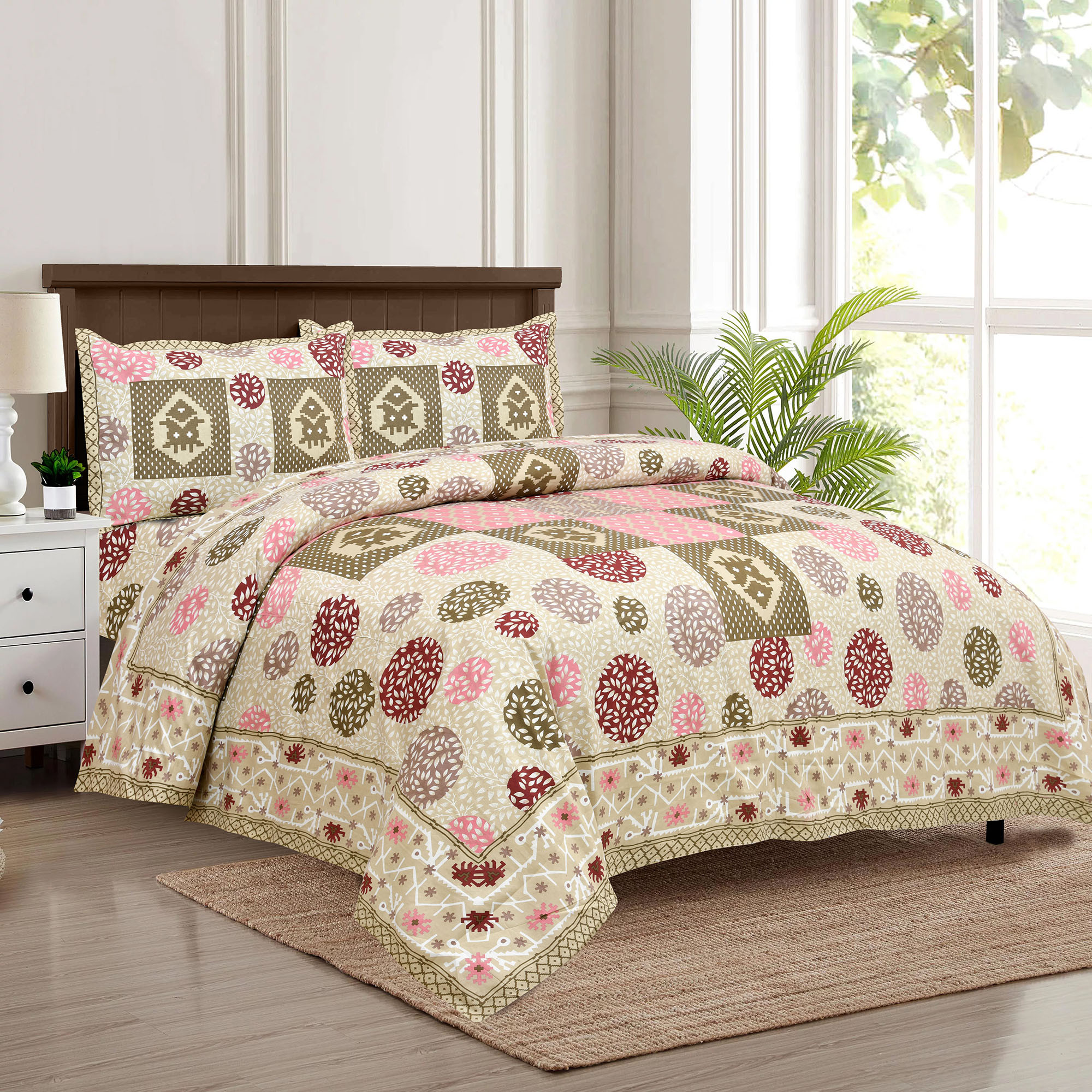 Kuber Industries Double Bedsheet with 2 Pillow Covers | 186 TC Premium Cotton Bedsheet for Double Bed | Bedsheet for Living Room-Home & Hotels | Arabic Beauty Gola | 100x108 Inch | Beige