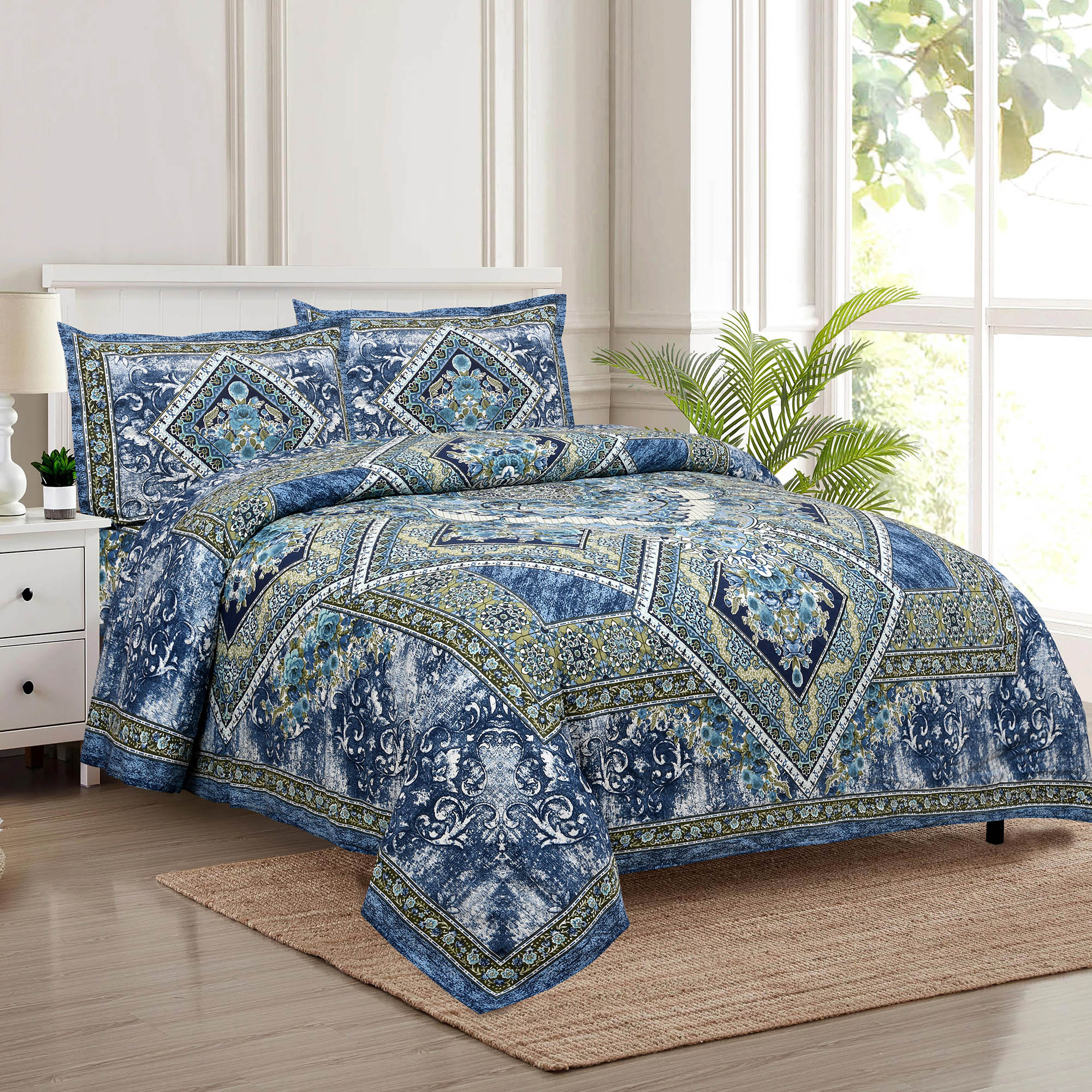 Kuber Industries Double Bedsheet with 2 Pillow Covers | 186 TC Premium Cotton Bedsheet for Double Bed | Bedsheet for Living Room-Home & Hotels | Arabic Beauty Flower Square | 100x108 Inch | Blue