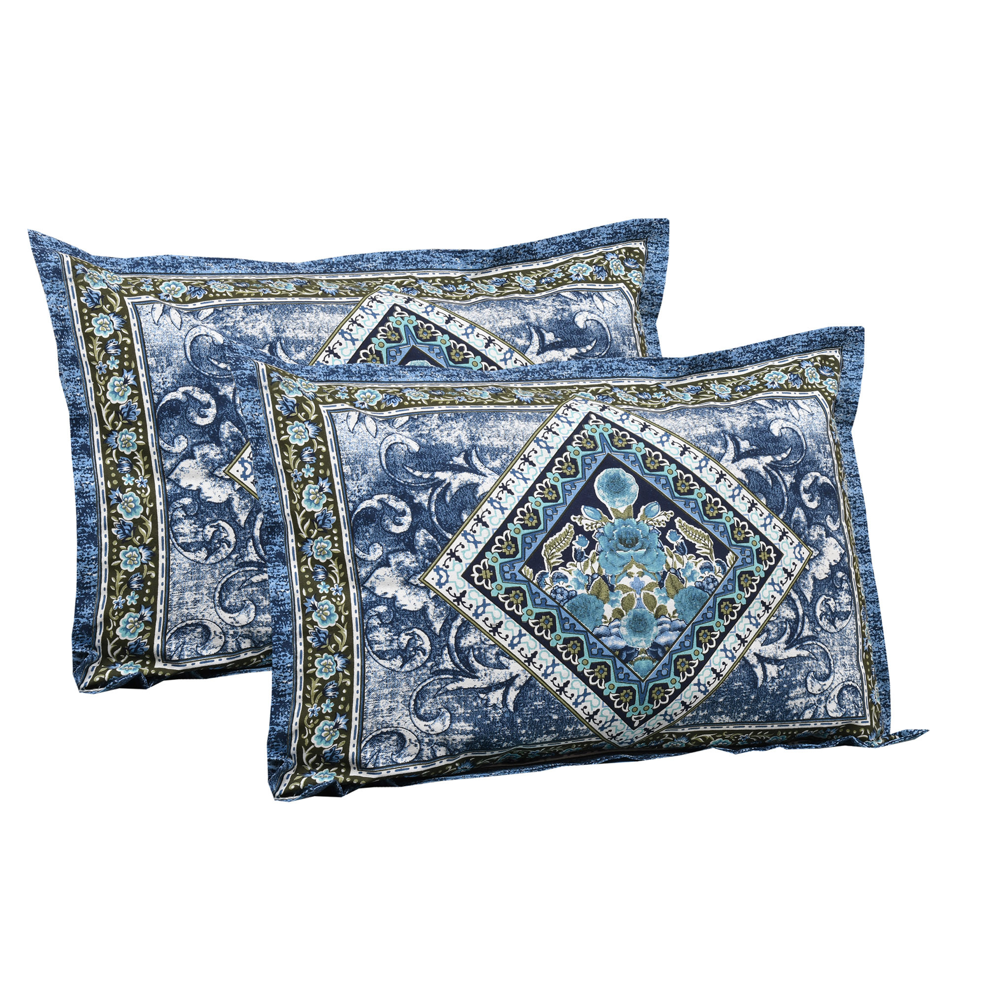 Kuber Industries Double Bedsheet with 2 Pillow Covers | 186 TC Premium Cotton Bedsheet for Double Bed | Bedsheet for Living Room-Home & Hotels | Arabic Beauty Flower Square | 100x108 Inch | Blue