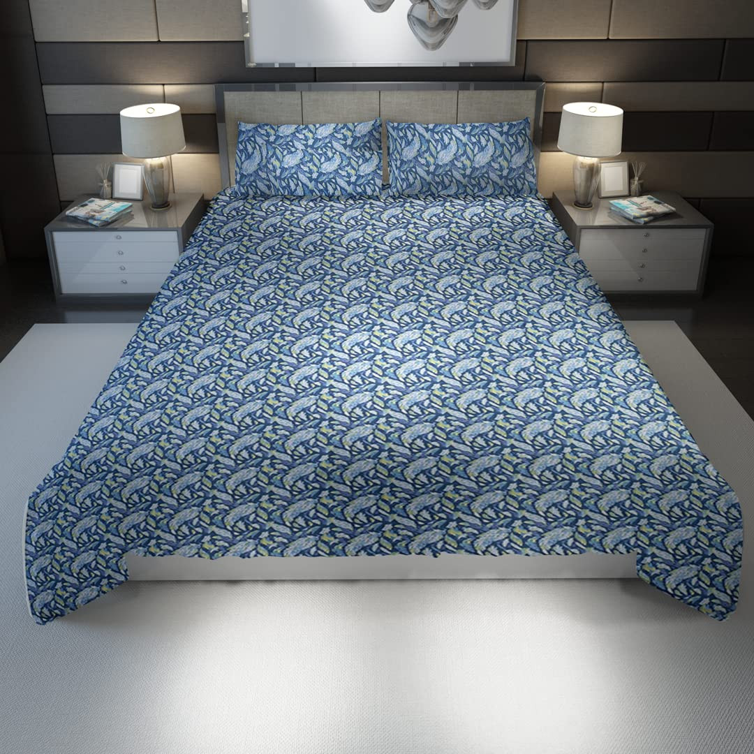 Kuber Industries Double Bedsheet(228 * 254 cm)|Cotton 120 TC Luxury Printed Soft & Lightweight Bedsheet for Double Bed with 2 Pillow Covers (Blue)