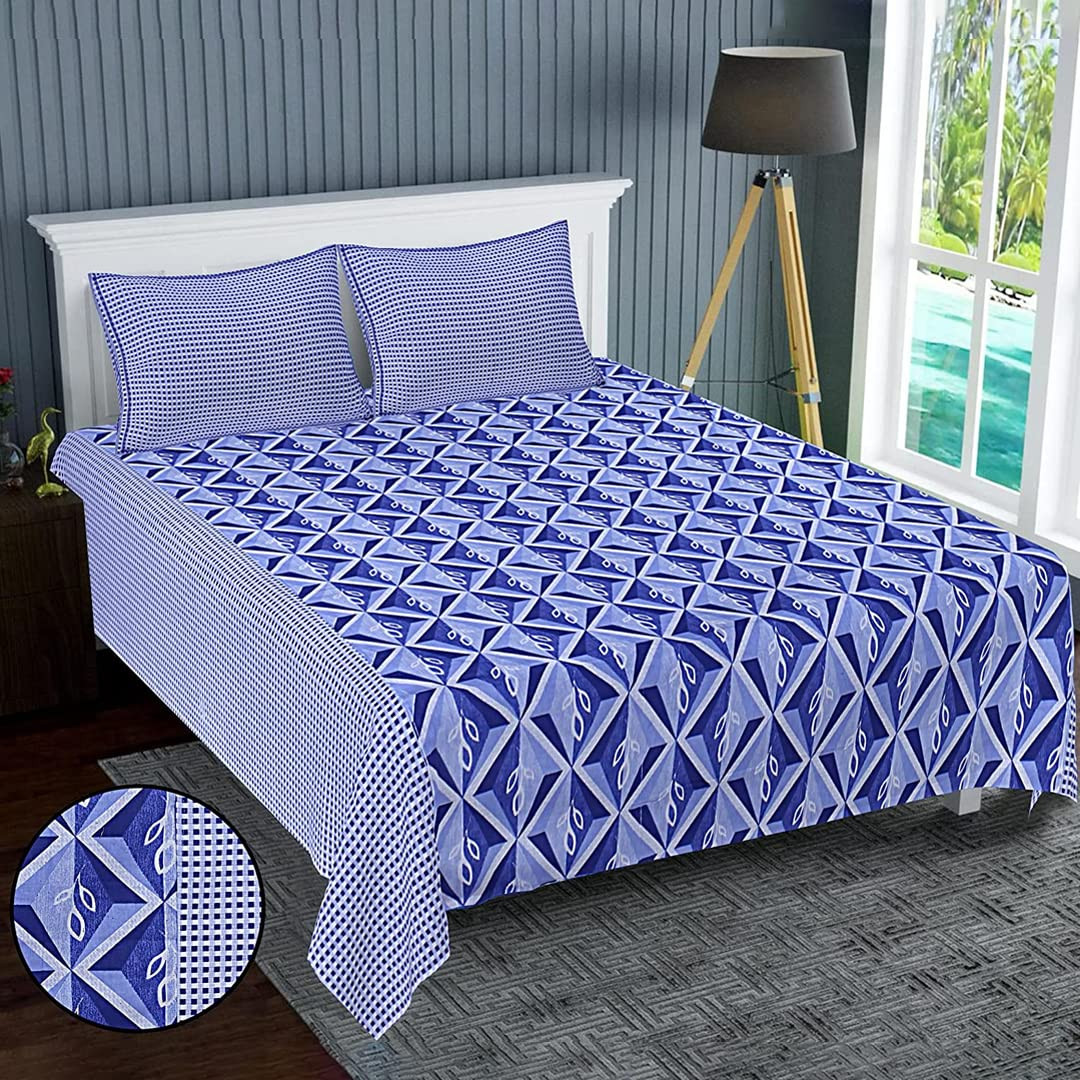 Kuber Industries Double Bedsheet(228 * 254 cm)|Cotton 120 TC Luxury Printed Soft & Lightweight Bedsheet for Double Bed with 2 Pillow Covers (Blue & White)