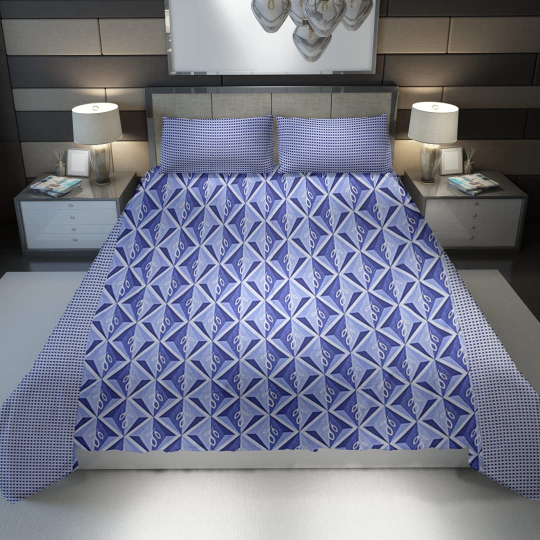 Kuber Industries Double Bedsheet(228 * 254 cm)|Cotton 120 TC Luxury Printed Soft & Lightweight Bedsheet for Double Bed with 2 Pillow Covers (Blue & White)