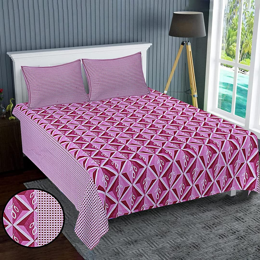 Kuber Industries Double Bedsheet(228 * 254 cm)|Cotton 120 TC Luxury Printed Soft & Lightweight Bedsheet for Double Bed with 2 Pillow Covers (Pink & White)