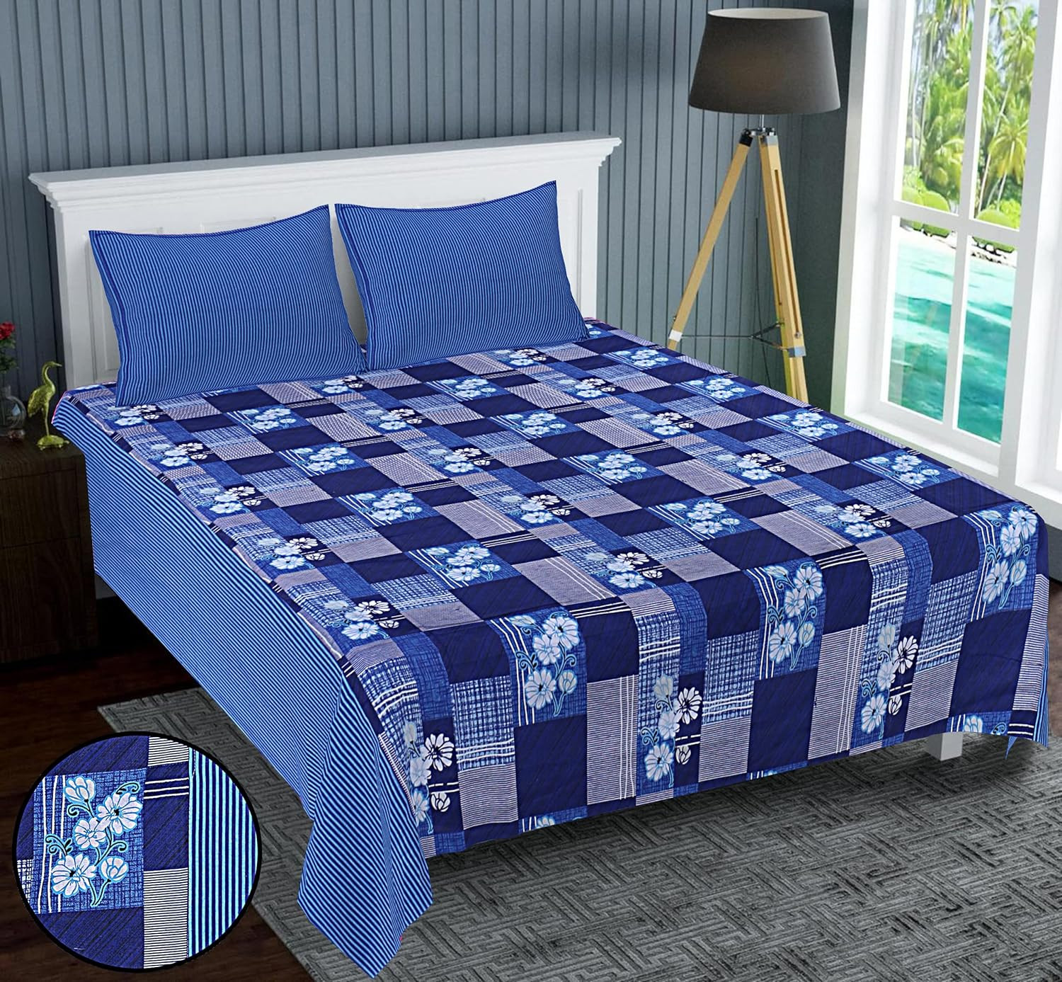 Kuber Industries Double Bedsheet(228*254 cm)|Cotton 120 TC Luxury Printed Soft & Lightweight Bedsheet for Double Bed with 2 Pillow Covers (Blue)