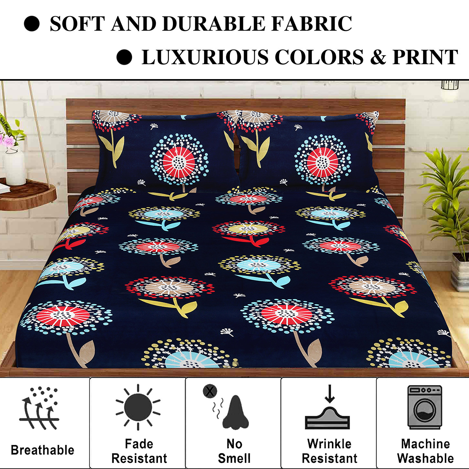 Kuber Industries Double Bedsheet|Floral Print Premium Glace Cotton Breathable Bedsheet With Two Pillow Covers,90