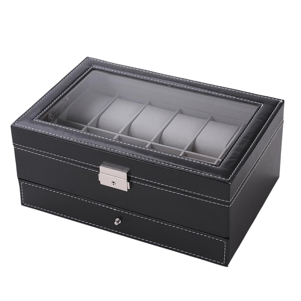 Kuber Industries Double Layer 12 Slots Watch And Jewellery Organizer (Black)