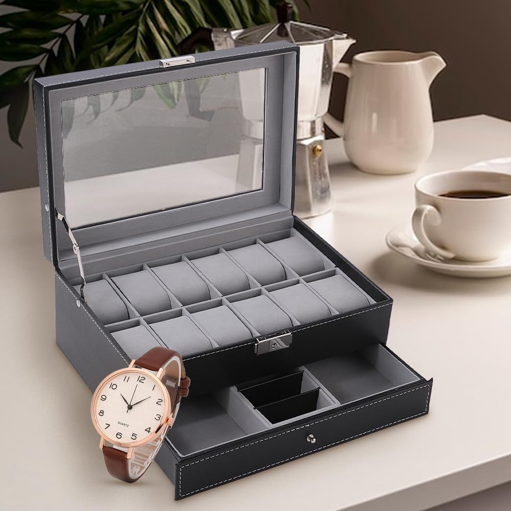 Kuber Industries Double Layer 12 Slots Watch And Jewellery Organizer (Black)