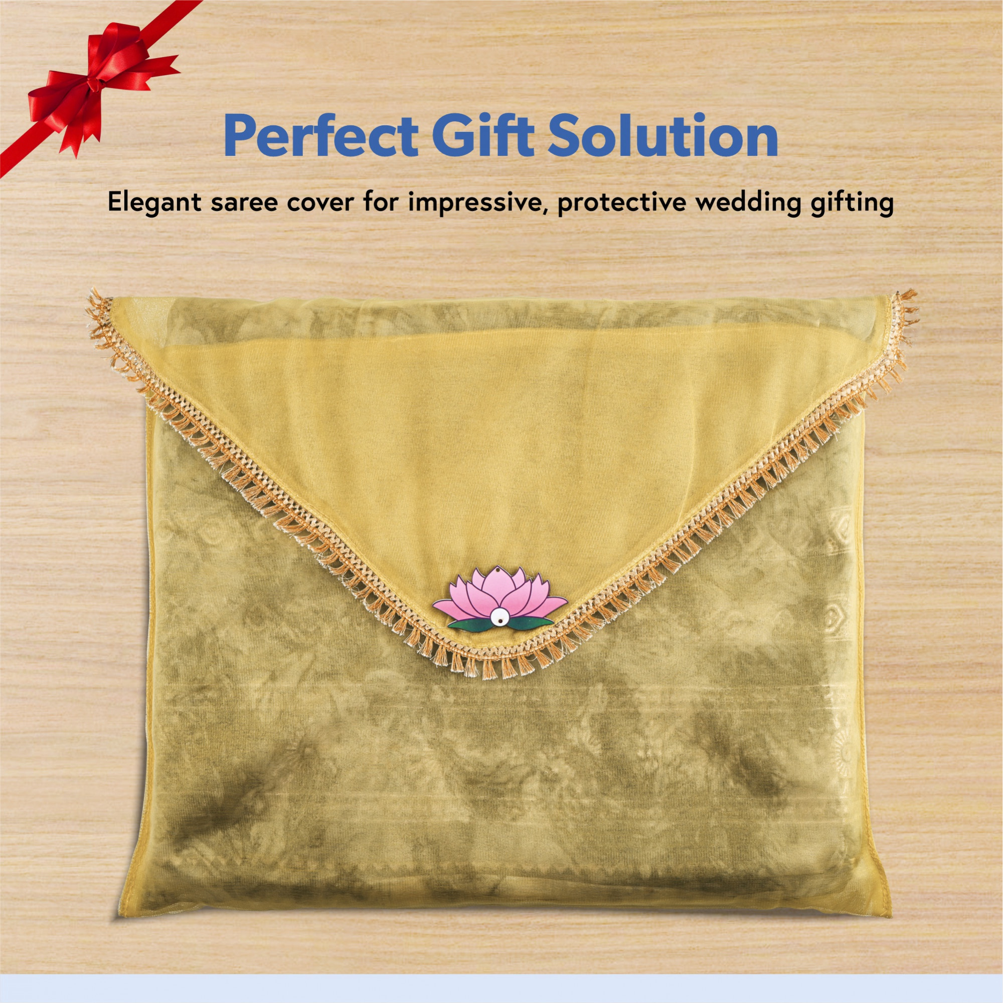 Kuber Industries Double Layer Organza Saree Covers for Gifting with Flower Flap Closure  Wedding Saree Cover  Single SareeSuit Packing Shagun Cloth Cover  Golden Lace - Gold