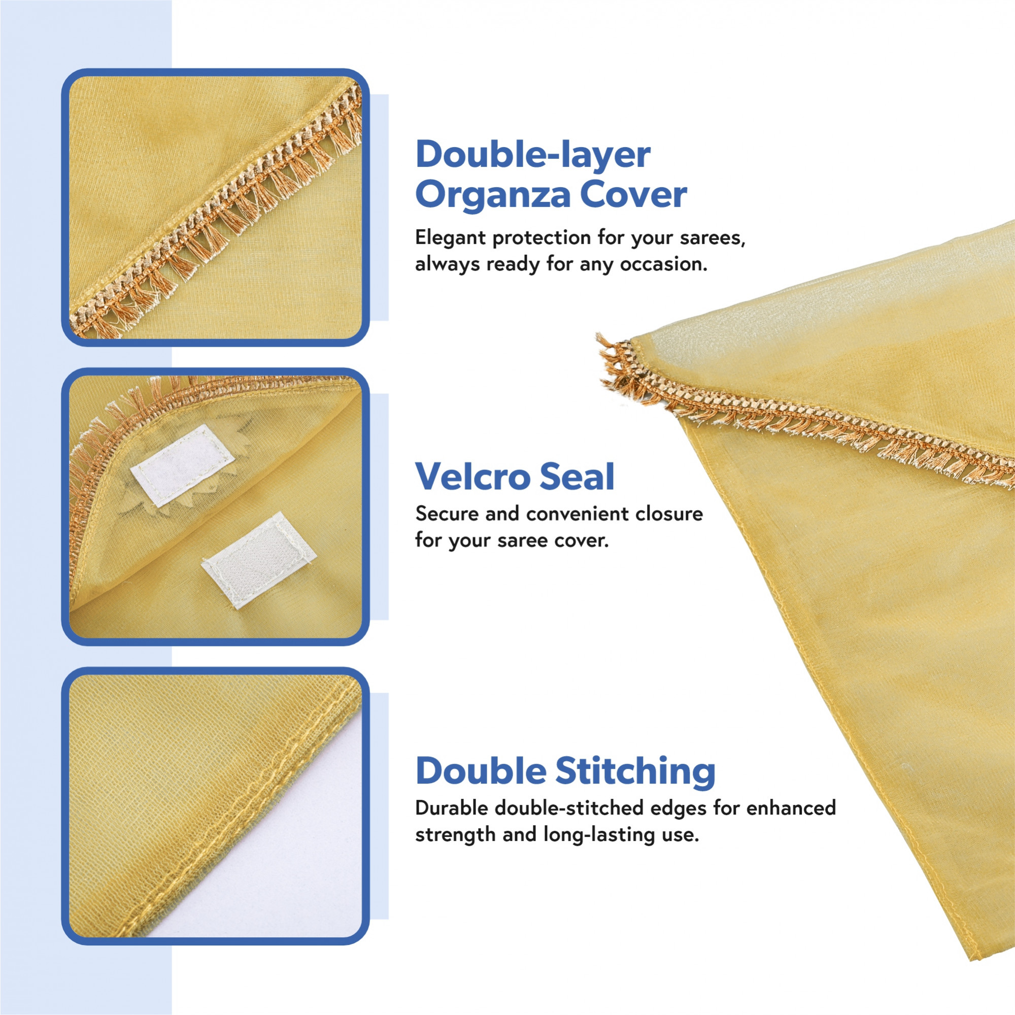 Kuber Industries Double Layer Organza Saree Covers for Gifting with Flower Flap Closure  Wedding Saree Cover  Single SareeSuit Packing Shagun Cloth Cover  Golden Lace - Gold