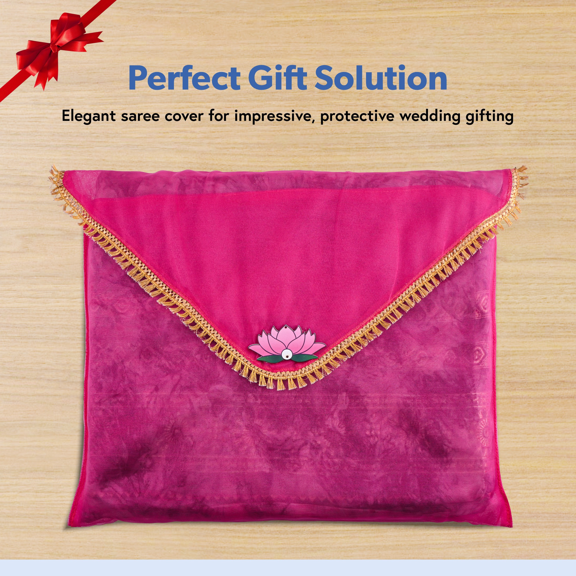 Kuber Industries Double Layer Organza Saree Covers for Gifting with Flower Flap Closure  Wedding Saree Cover  Single SareeSuit Packing Shagun Cloth Cover  Golden Lace - Pink