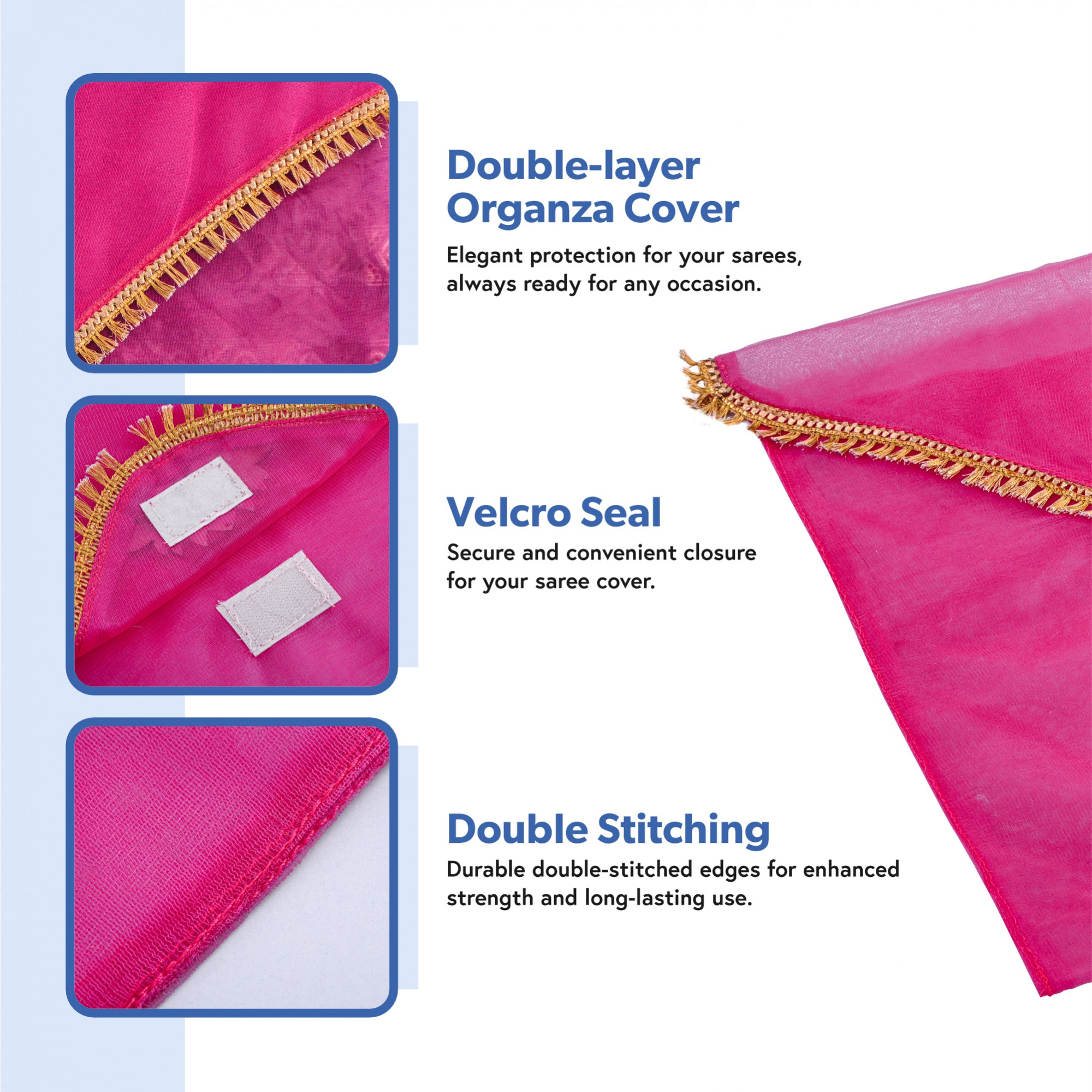 Kuber Industries Double Layer Organza Saree Covers for Gifting with Flower Flap Closure  Wedding Saree Cover  Single SareeSuit Packing Shagun Cloth Cover  Golden Lace - Pink