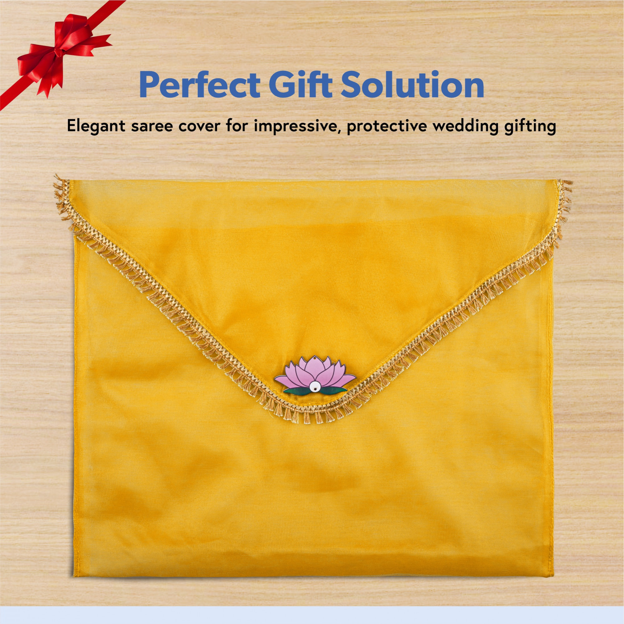 Kuber Industries Double Layer Organza Saree Covers for Gifting with Flower Flap Closure  Wedding Saree Cover  Single SareeSuit Packing Shagun Cloth Cover  Golden Lace - Yellow