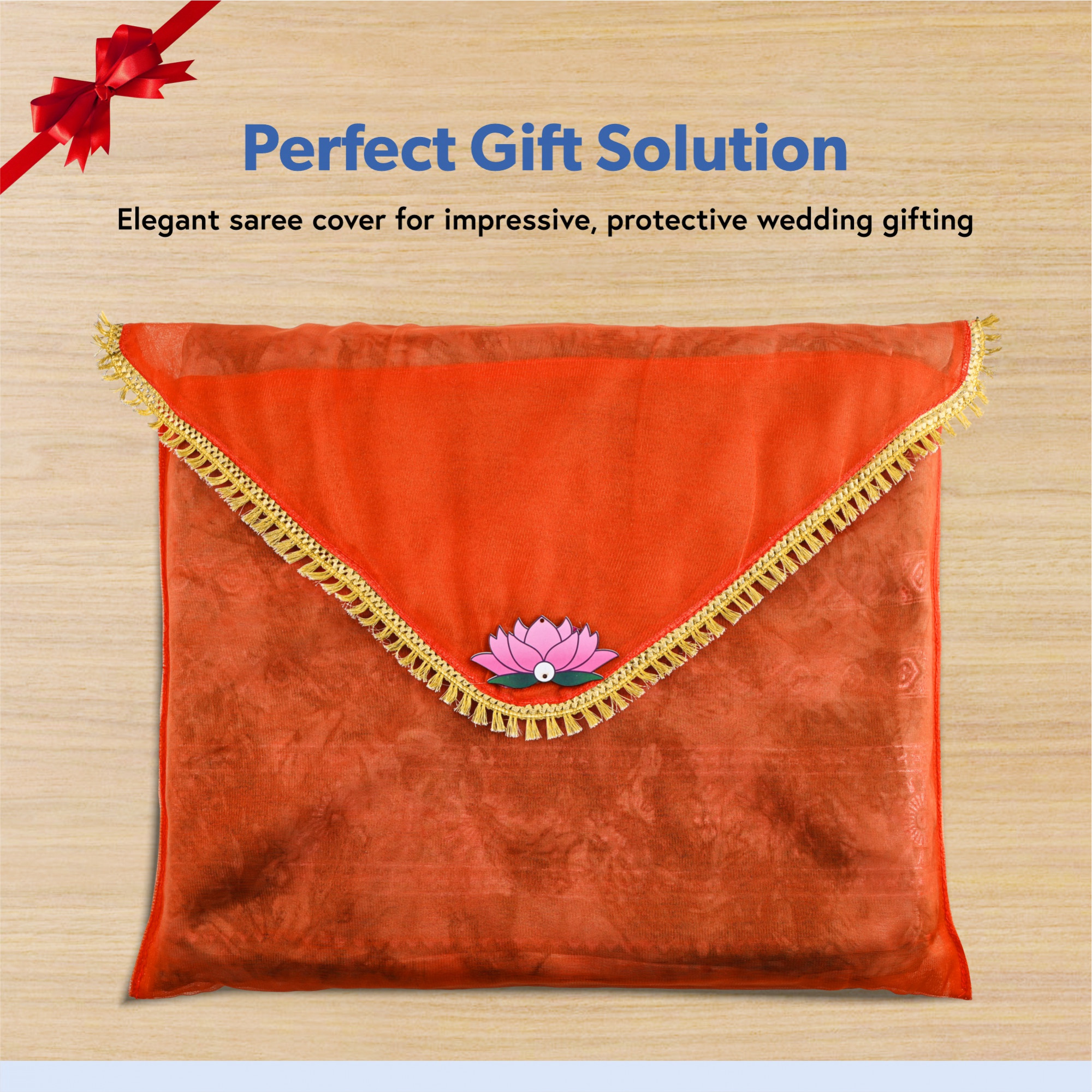 Kuber Industries Double Layer Organza Saree Covers for Gifting with Flower Flap Closure  Wedding Saree Cover  Single SareeSuit Packing Shagun Cloth Cover  Golden Lace - Orange