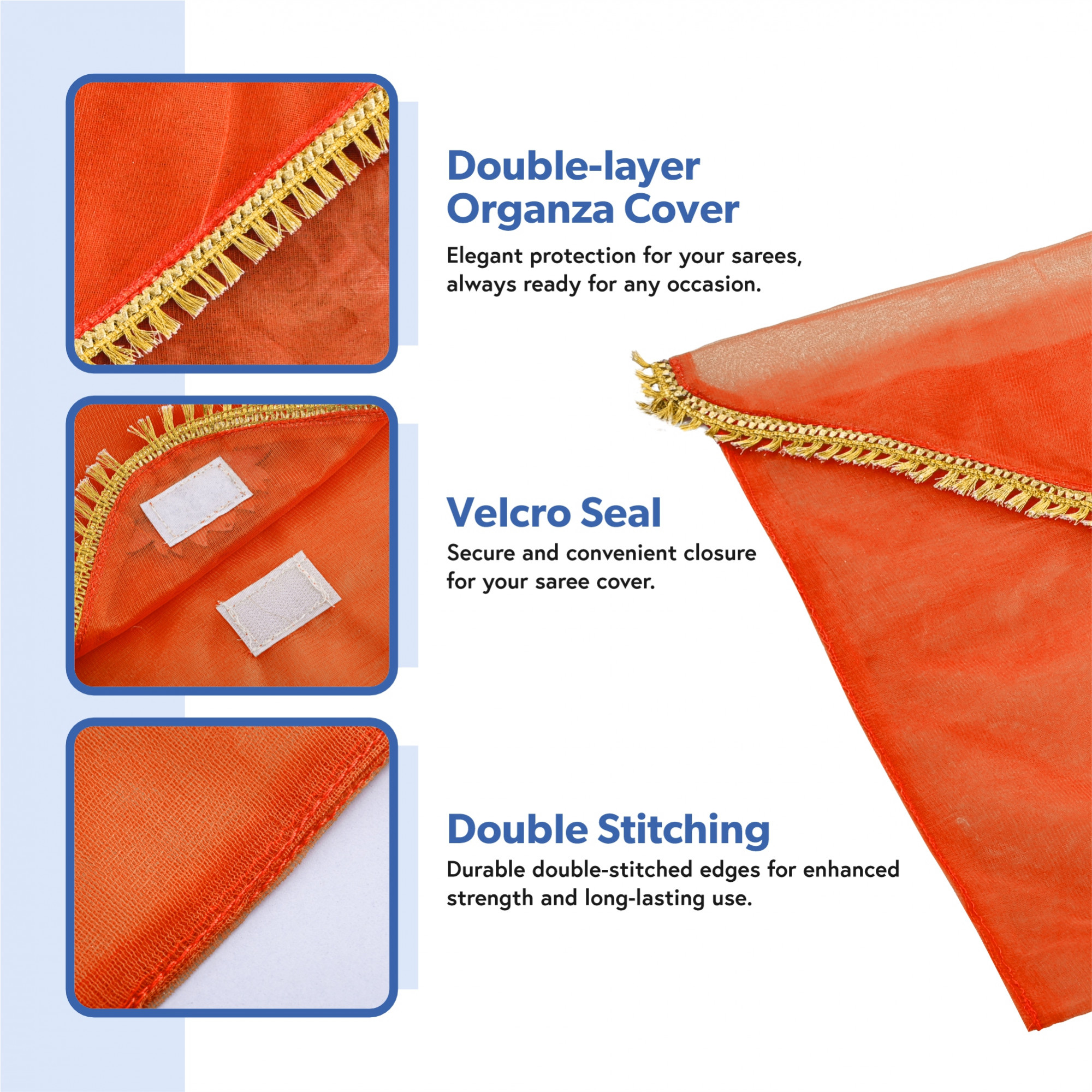 Kuber Industries Double Layer Organza Saree Covers for Gifting with Flower Flap Closure  Wedding Saree Cover  Single SareeSuit Packing Shagun Cloth Cover  Golden Lace - Orange