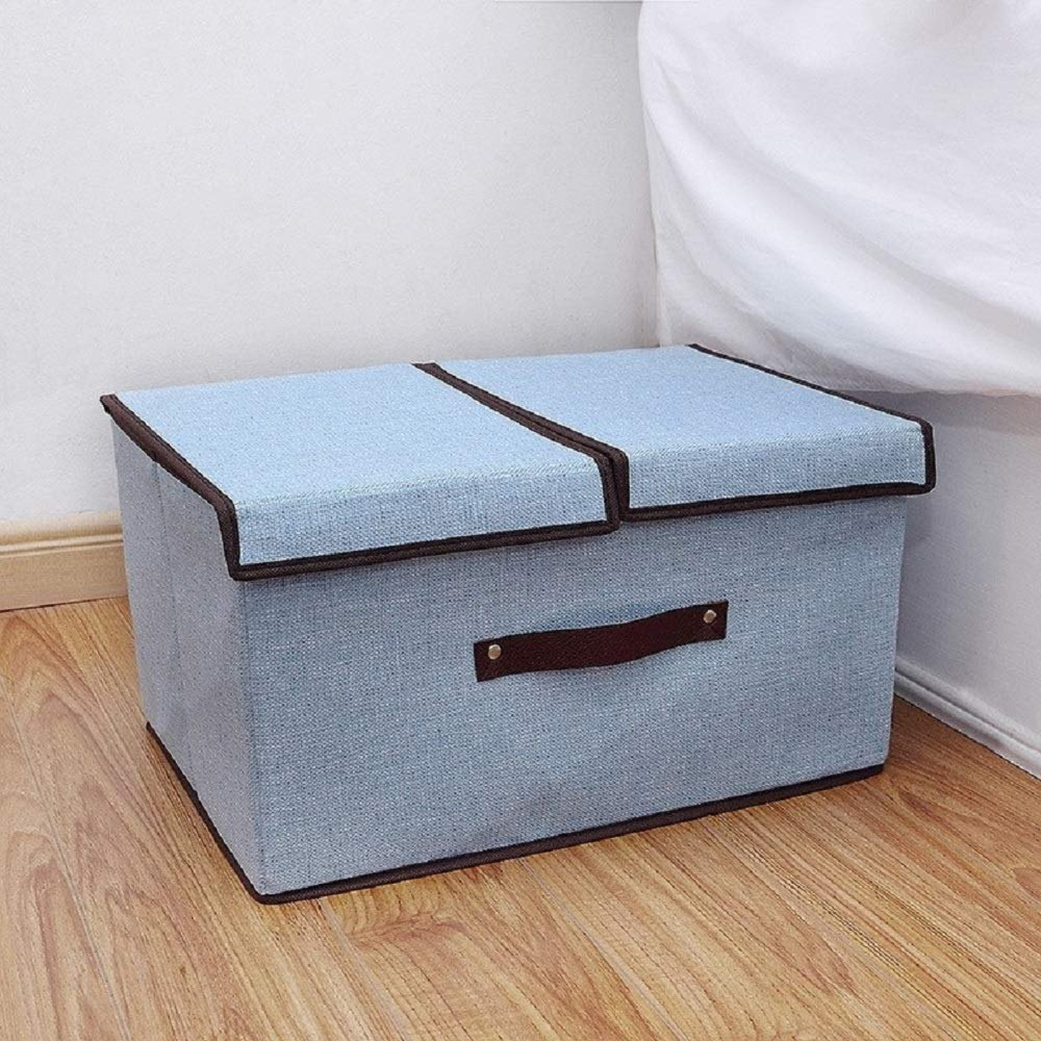 Kuber Industries Double Lid Foldable Storage Box|Toys Storage Bin|Wardrobe Organizer For Clothes|Front Handle & Stackable (Blue)