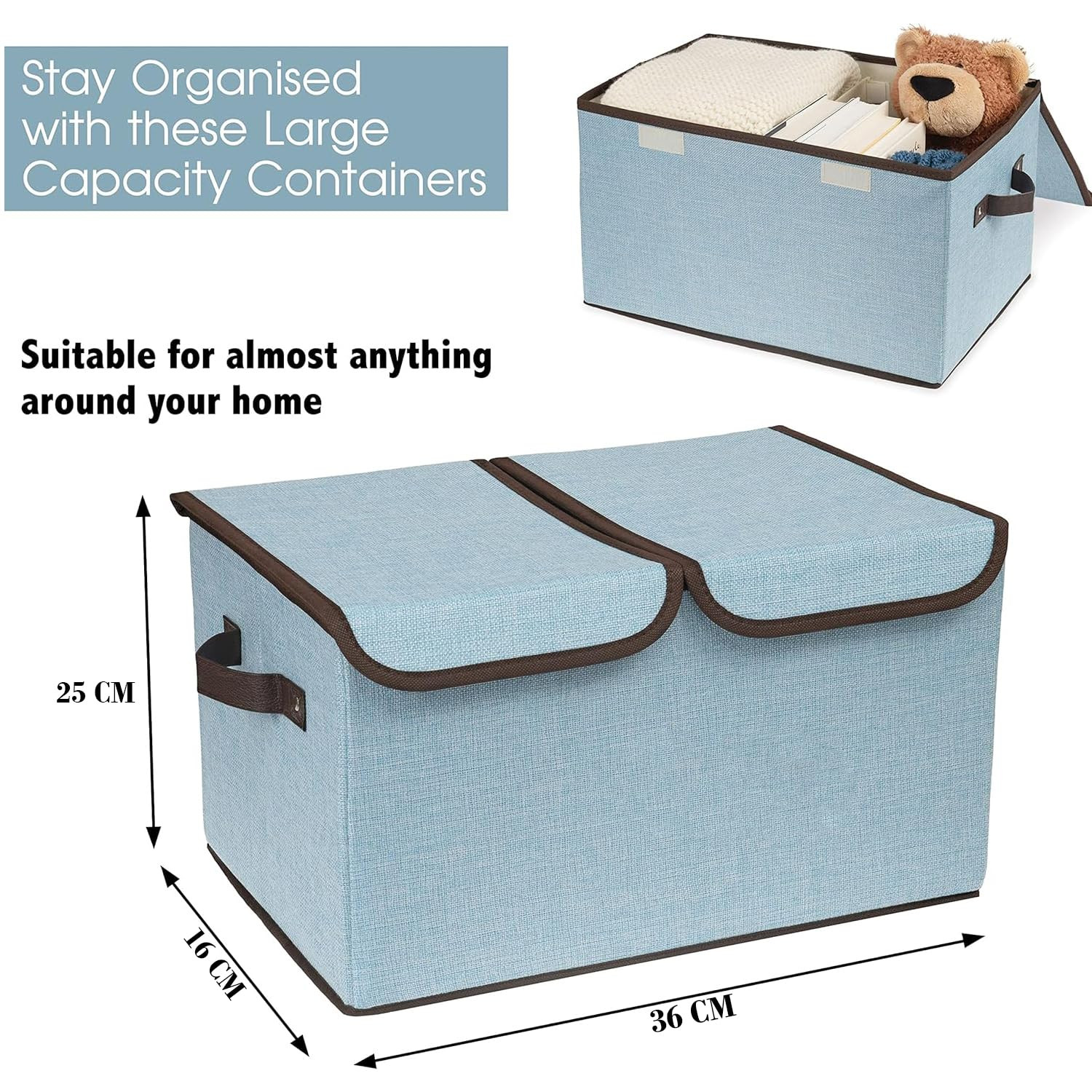 Kuber Industries Double Lid Foldable Storage Box|Toys Storage Bin|Wardrobe Organizer For Clothes|Front Handle & Stackable (Blue)