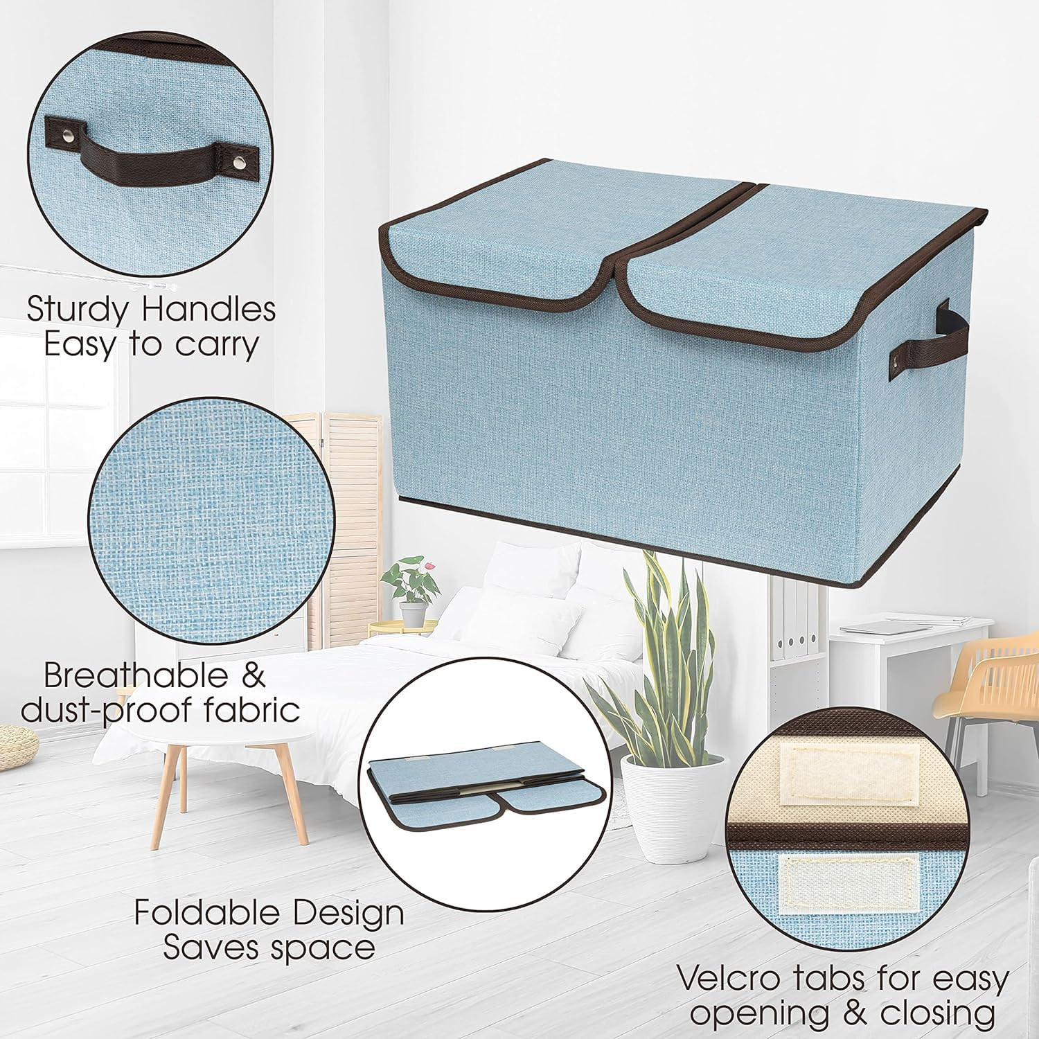 Kuber Industries Double Lid Foldable Storage Box|Toys Storage Bin|Wardrobe Organizer For Clothes|Front Handle & Stackable (Blue)