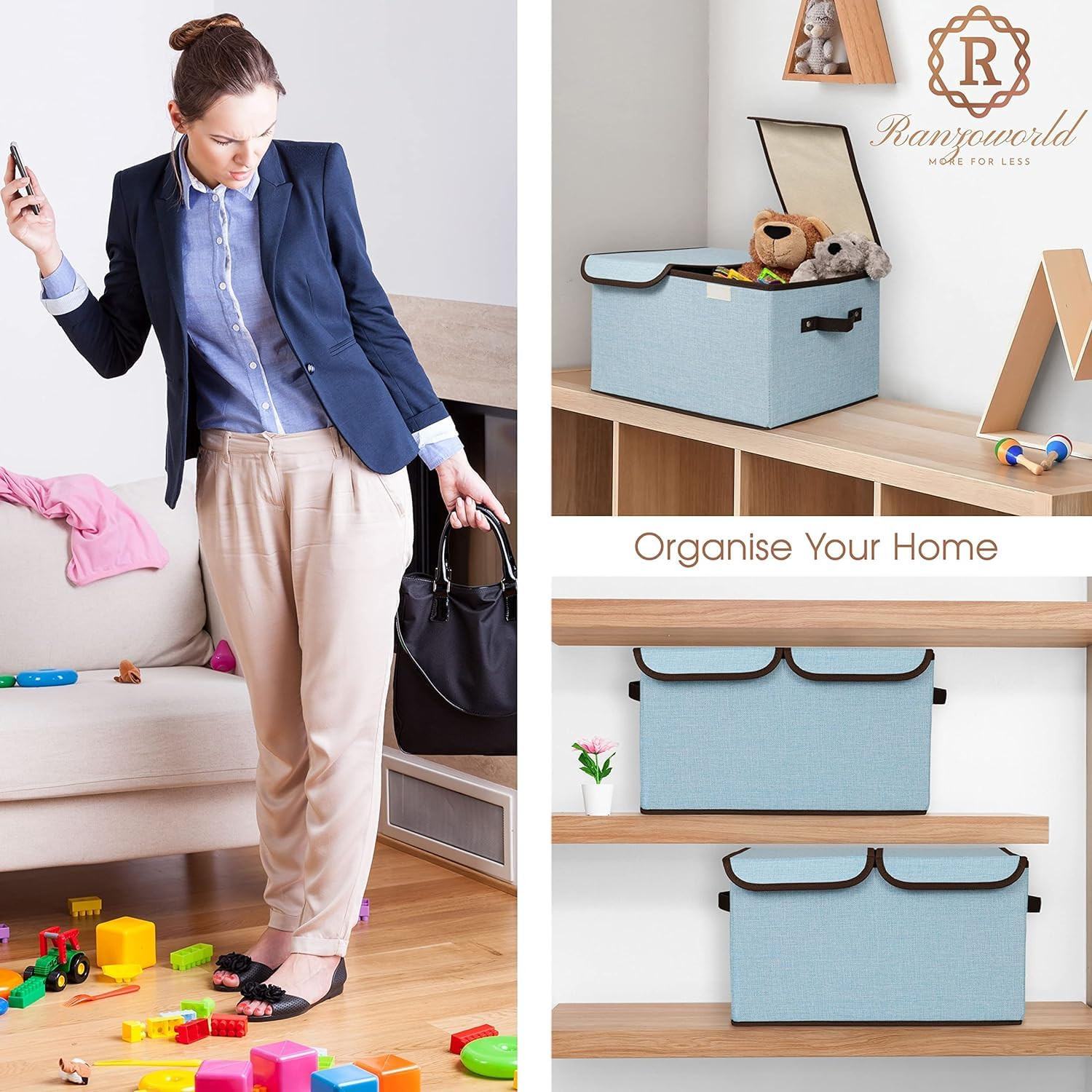 Kuber Industries Double Lid Foldable Storage Box|Toys Storage Bin|Wardrobe Organizer For Clothes|Front Handle & Stackable (Blue)