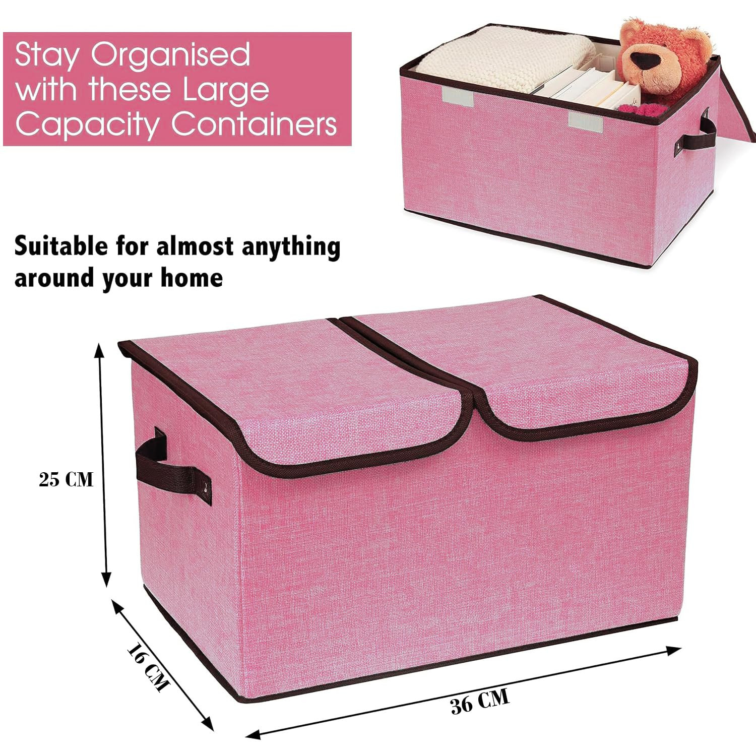 Kuber Industries Double Lid Foldable Storage Box|Toys Storage Bin|Wardrobe Organizer For Clothes|Front Handle & Stackable (Pink)