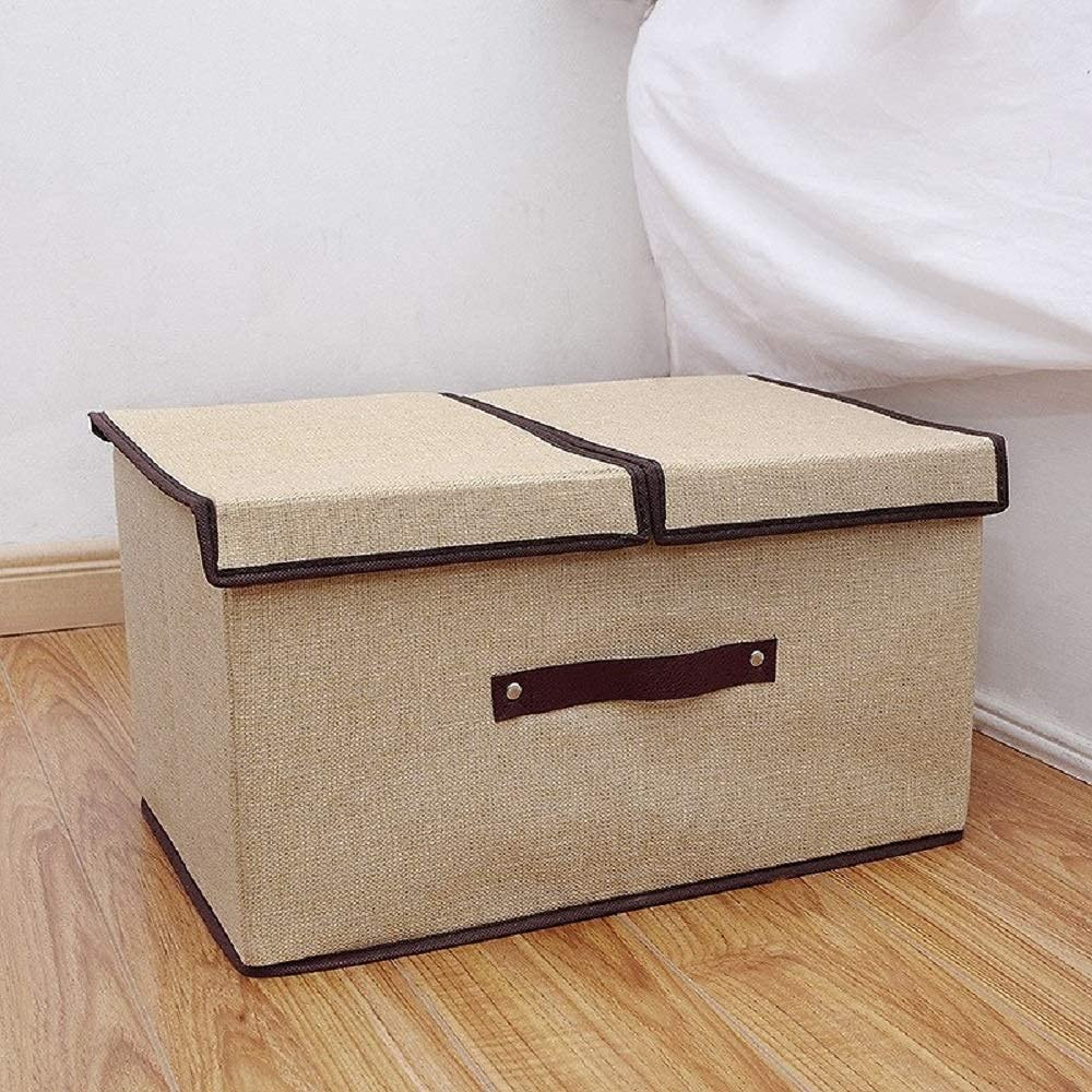 Kuber Industries Double Lid Foldable Storage Box|Toys Storage Bin|Wardrobe Organizer For Clothes|Front Handle & Stackable (Beige)