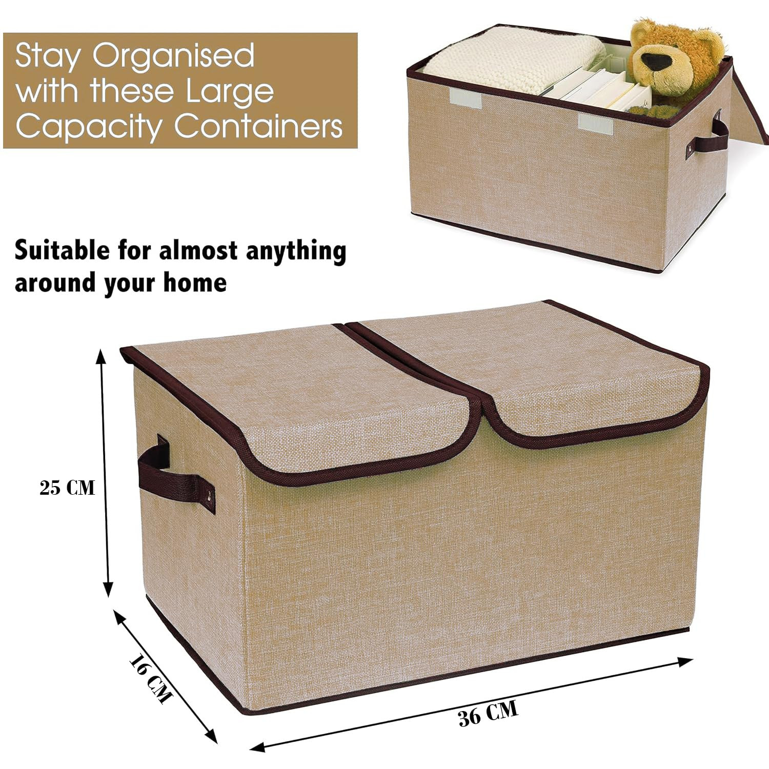 Kuber Industries Double Lid Foldable Storage Box|Toys Storage Bin|Wardrobe Organizer For Clothes|Front Handle & Stackable (Beige)