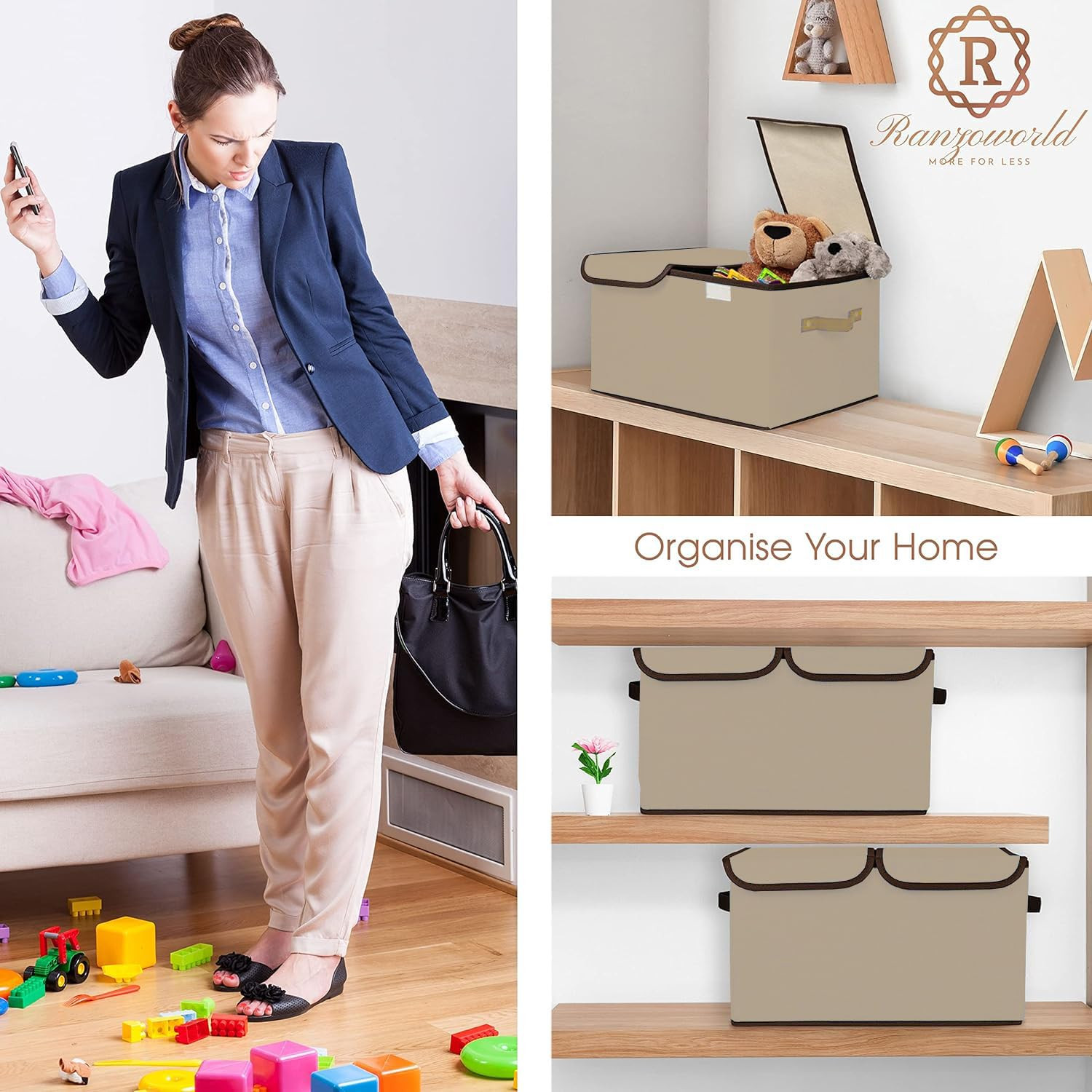 Kuber Industries Double Lid Foldable Storage Box|Toys Storage Bin|Wardrobe Organizer For Clothes|Front Handle & Stackable (Beige)
