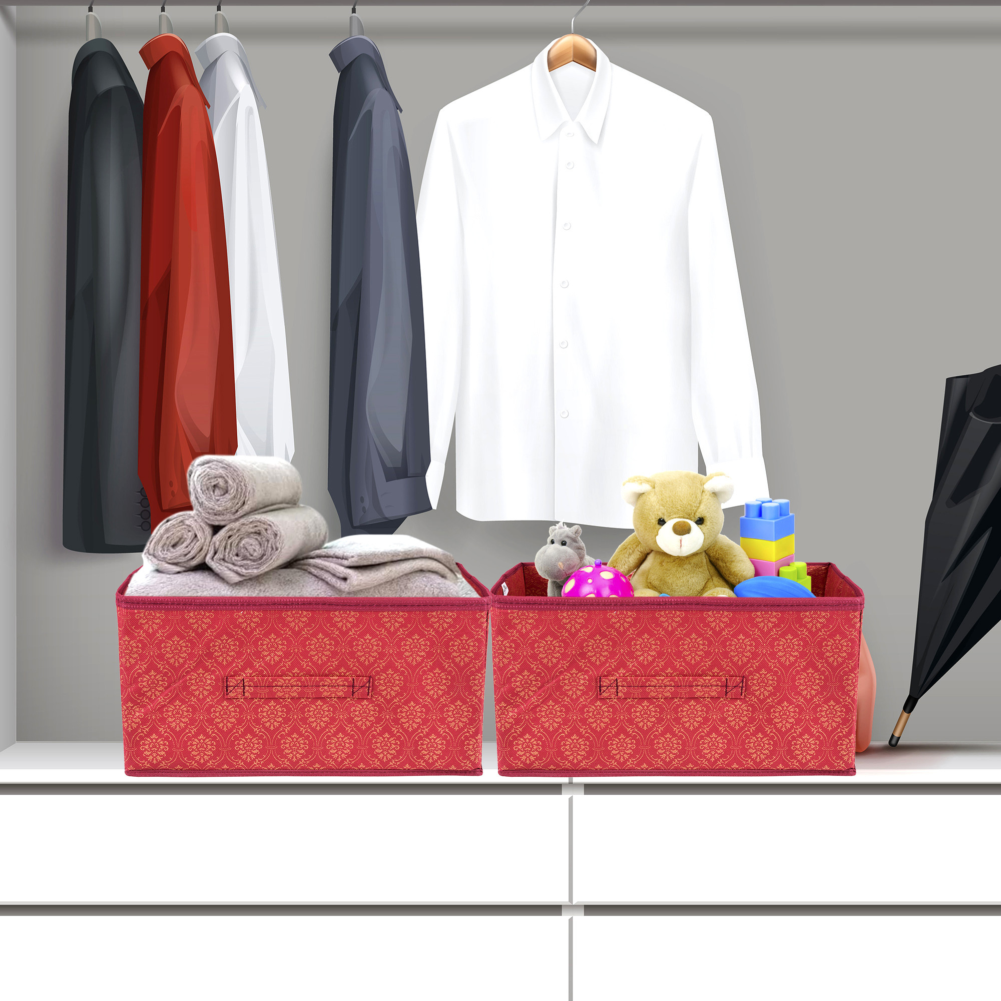 Kuber Industries Drawer Box  Foldable Clothes Organizer  Storage Bin for Clothes  Wardrobe Organizer for Books-Toys  Closet Storage Box with Handle  Golden-Printed  Maroon