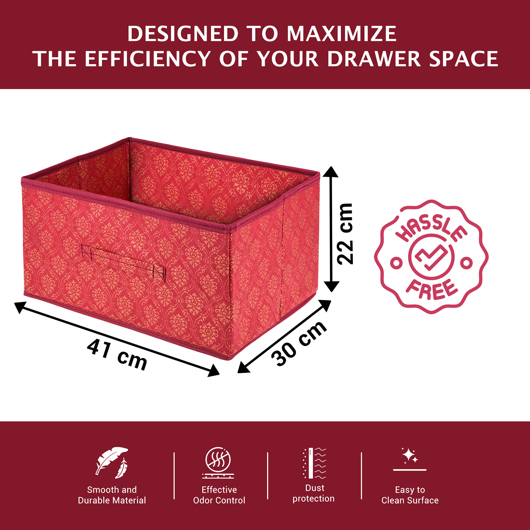 Kuber Industries Drawer Box | Foldable Clothes Organizer | Storage Bin for Clothes | Wardrobe Organizer for Books-Toys | Closet Storage Box with Handle | Golden-Printed | Maroon