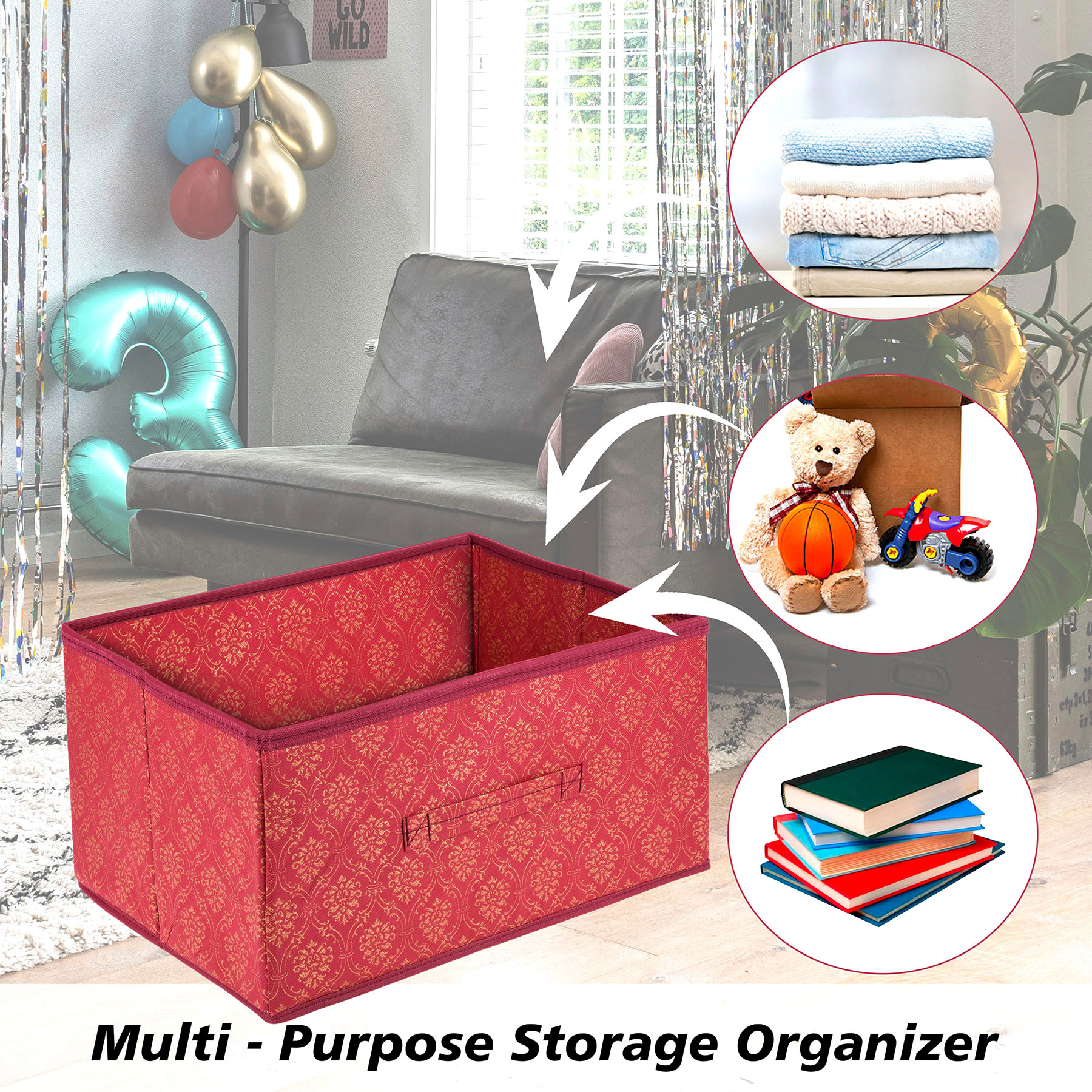 Kuber Industries Drawer Box | Foldable Clothes Organizer | Storage Bin for Clothes | Wardrobe Organizer for Books-Toys | Closet Storage Box with Handle | Golden-Printed | Maroon