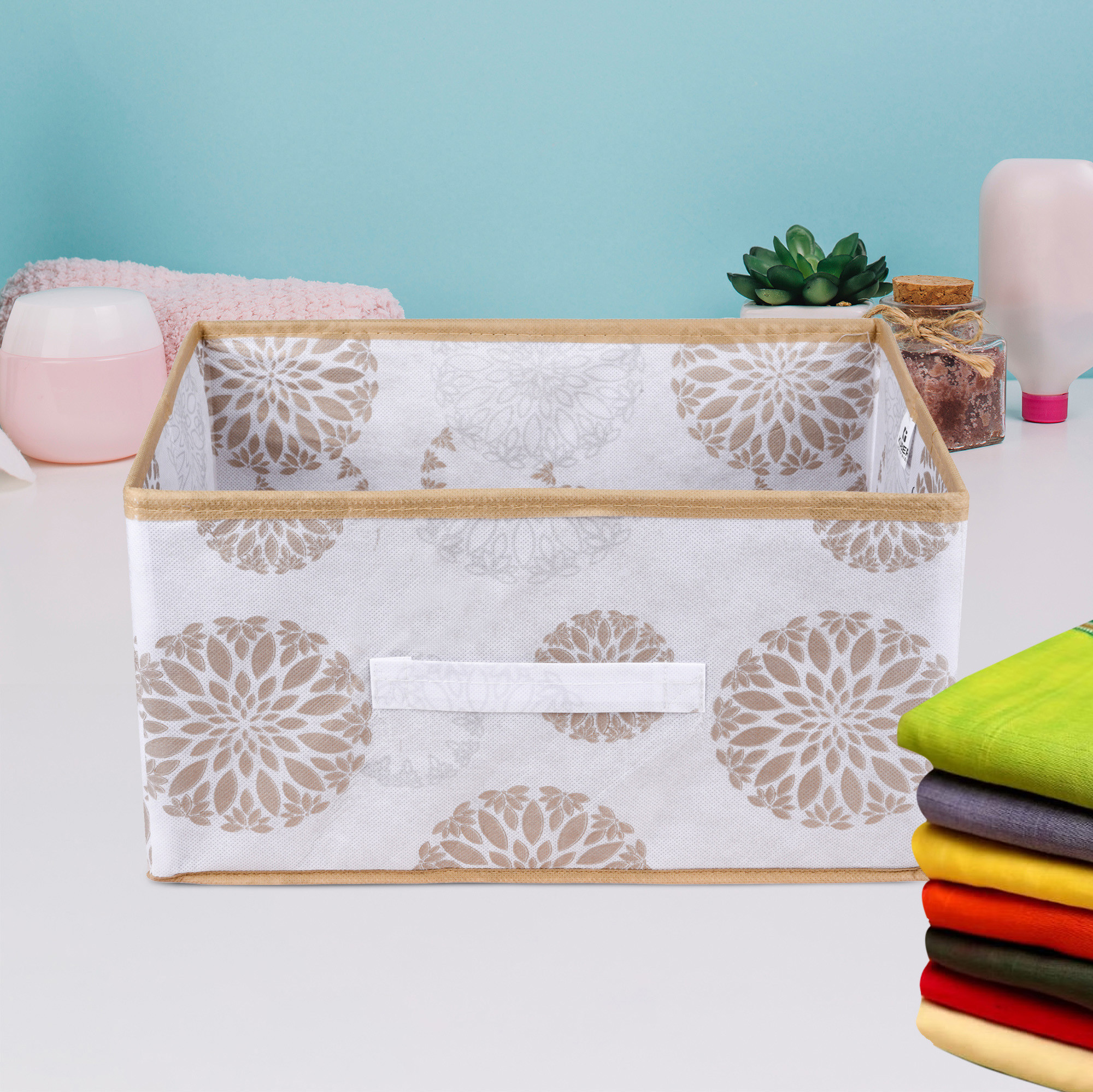 Kuber Industries Drawer Box | Foldable Clothes Organizer | Storage Bin for Clothes | Wardrobe Organizer for Books-Toys | Closet Storage Box with Handle | Gola-Print | White