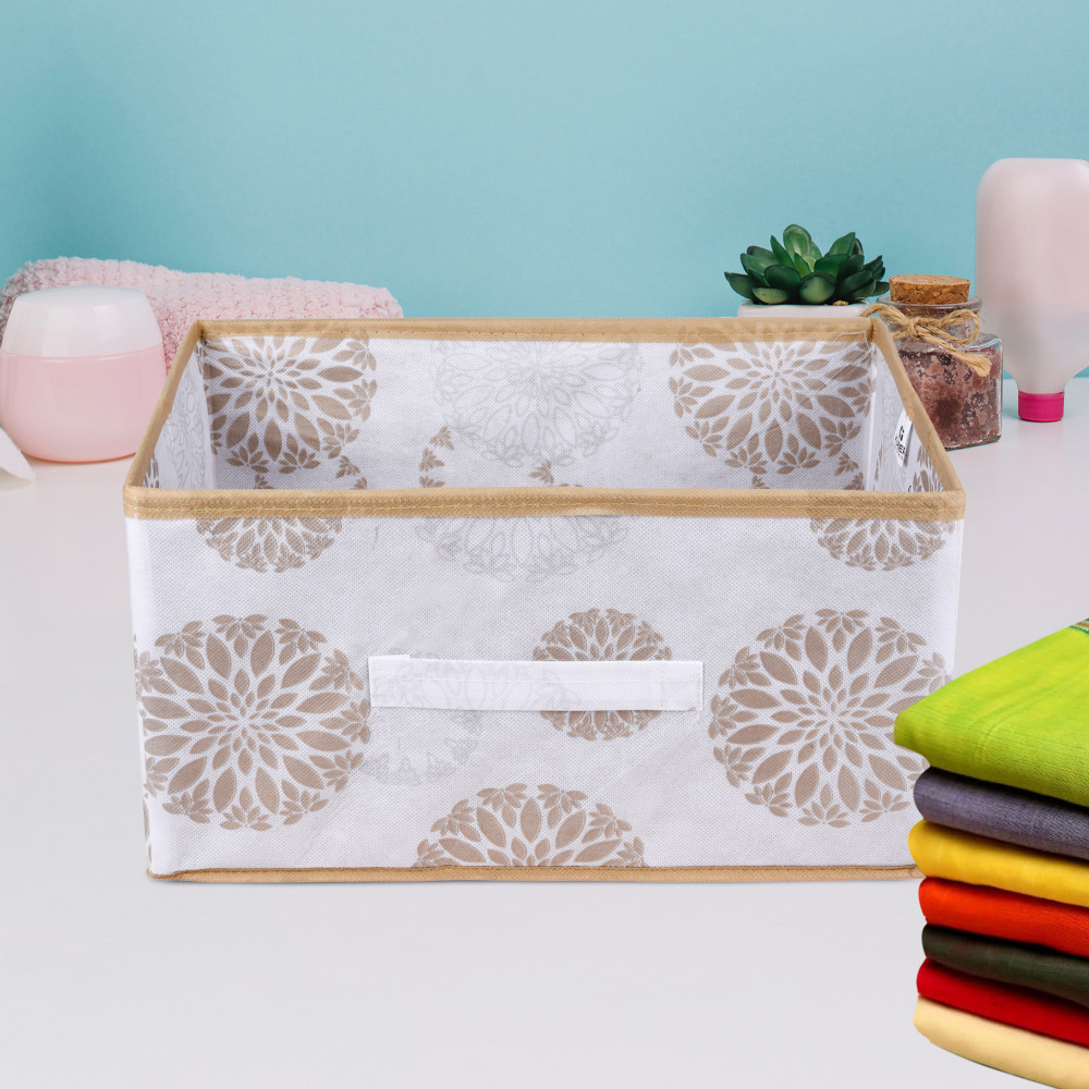 Kuber Industries Drawer Box | Foldable Clothes Organizer | Storage Bin for Clothes | Wardrobe Organizer for Books-Toys | Closet Storage Box with Handle | Gola-Print | White