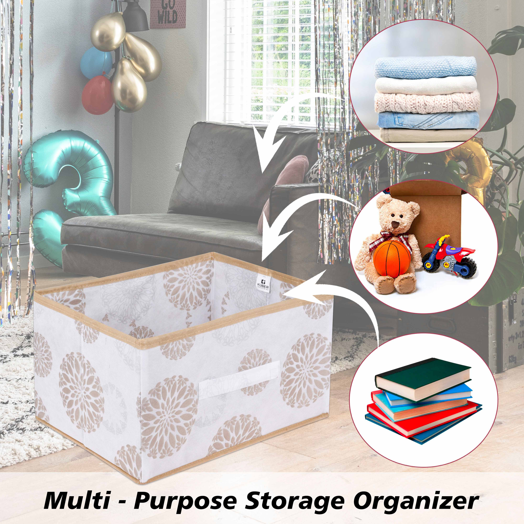 Kuber Industries Drawer Box | Foldable Clothes Organizer | Storage Bin for Clothes | Wardrobe Organizer for Books-Toys | Closet Storage Box with Handle | Gola-Print | White
