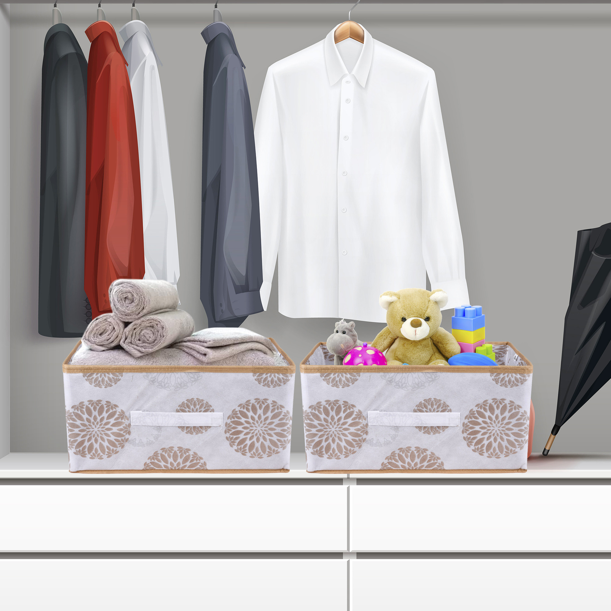 Kuber Industries Drawer Box | Foldable Clothes Organizer | Storage Bin for Clothes | Wardrobe Organizer for Books-Toys | Closet Storage Box with Handle | Gola-Print | White