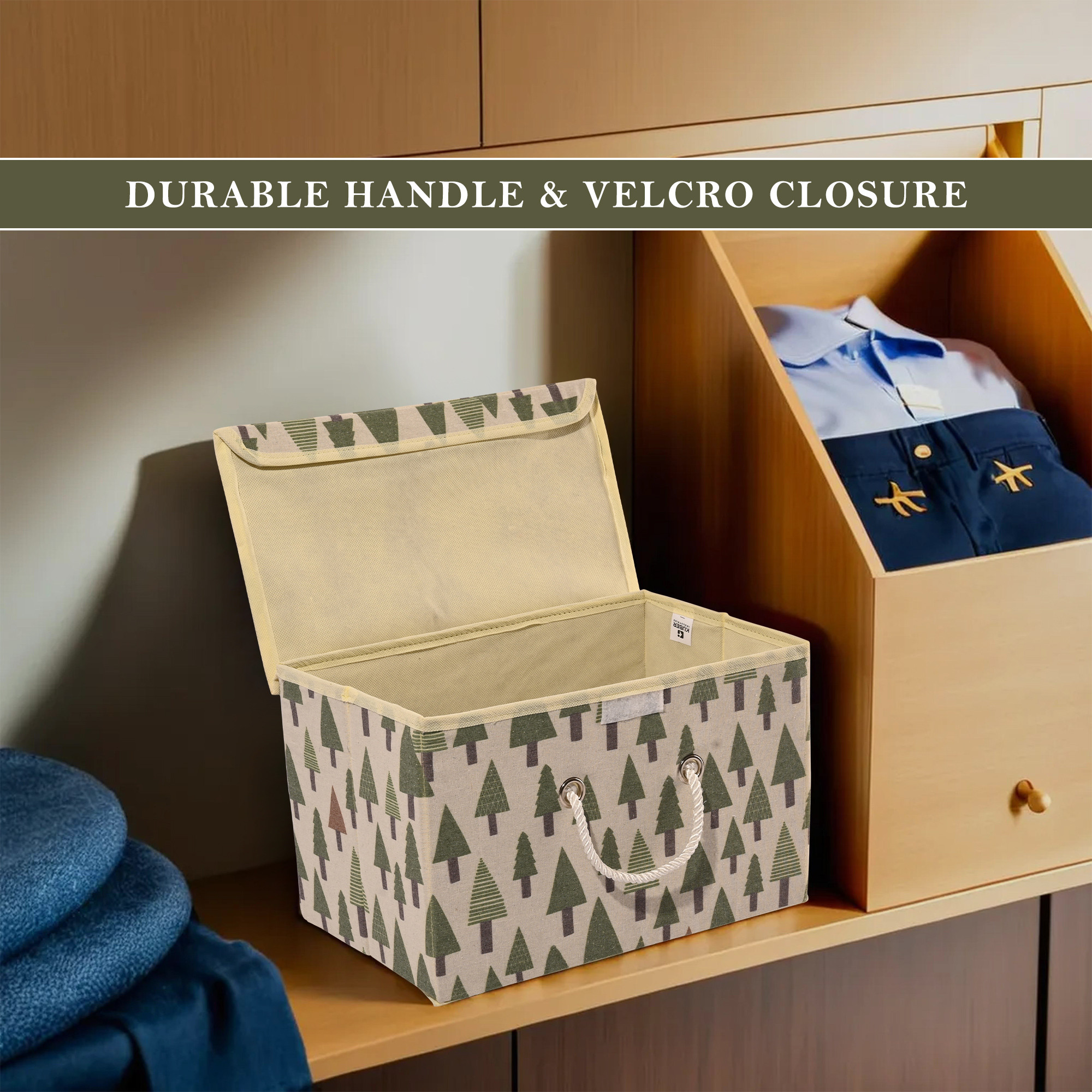 Kuber Industries Drawer Organizer    Foldable Storage Box  Cotton Clothes Organiser for Wardrobe  Lid  Handle  Tree-Print  Cloth Organizer  Cupboard Organizer  Cream