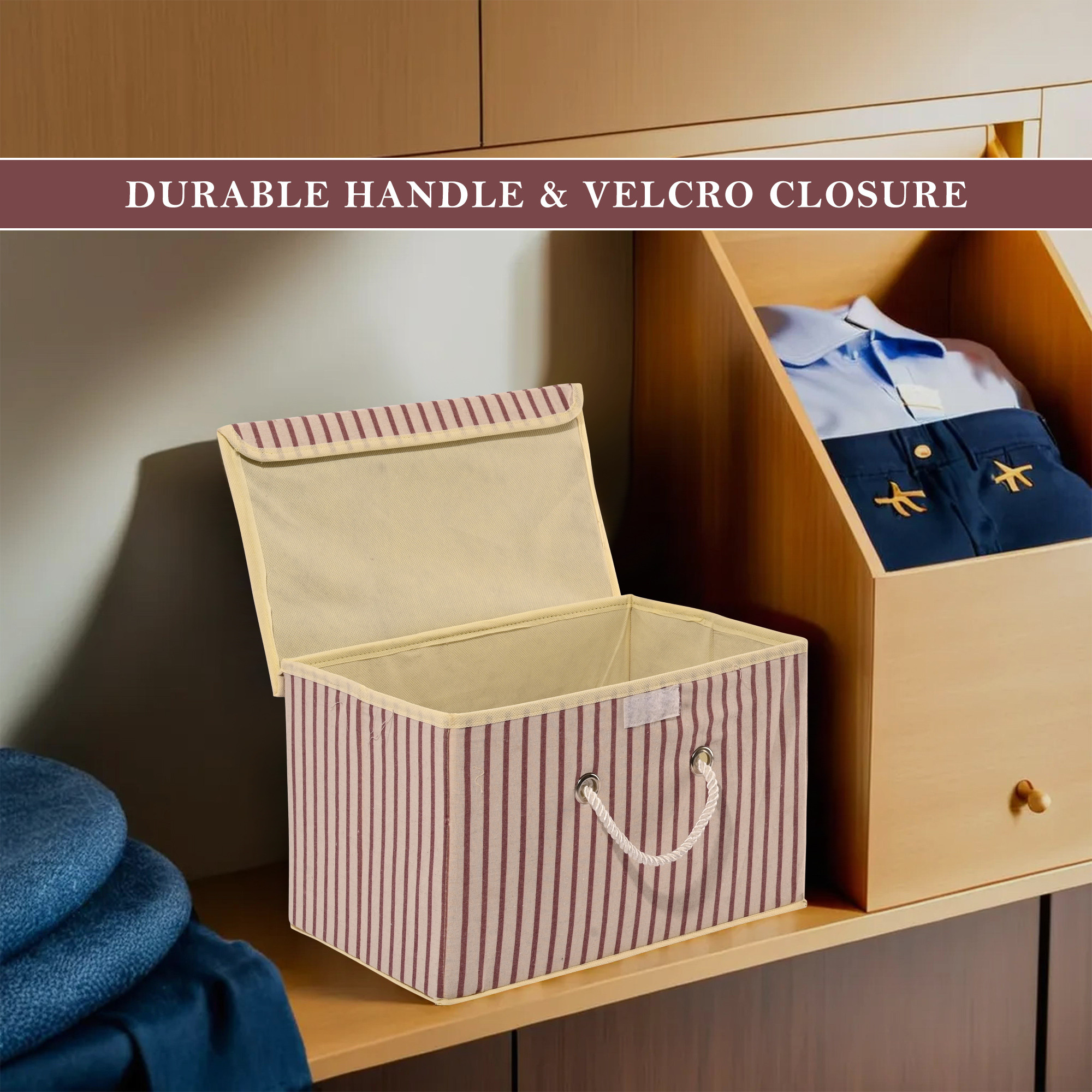 Kuber Industries Drawer Organizer    Foldable Storage Box  Cotton Clothes Organizer for Wardrobe  Lid  Handle  Lining-Print  Cloth Organizer  Cupboard Organizer  Cream