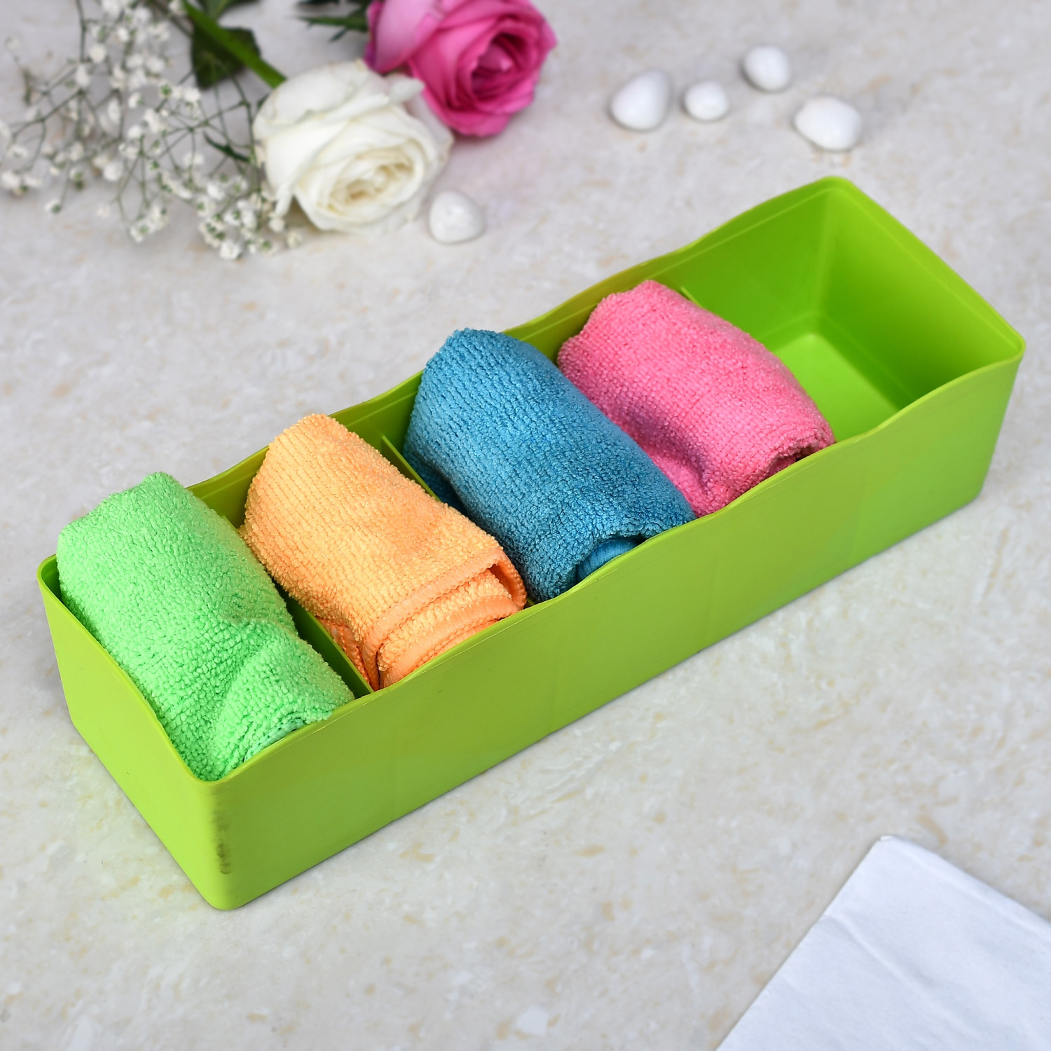 Kuber Industries Drawer Organizer  Plastic Undergarment Organizer for Socks-Ties  Stackable Drawer Divider Box  Closet Storage Box  5 Grid Stationery Organizer  Pack of 2  Green