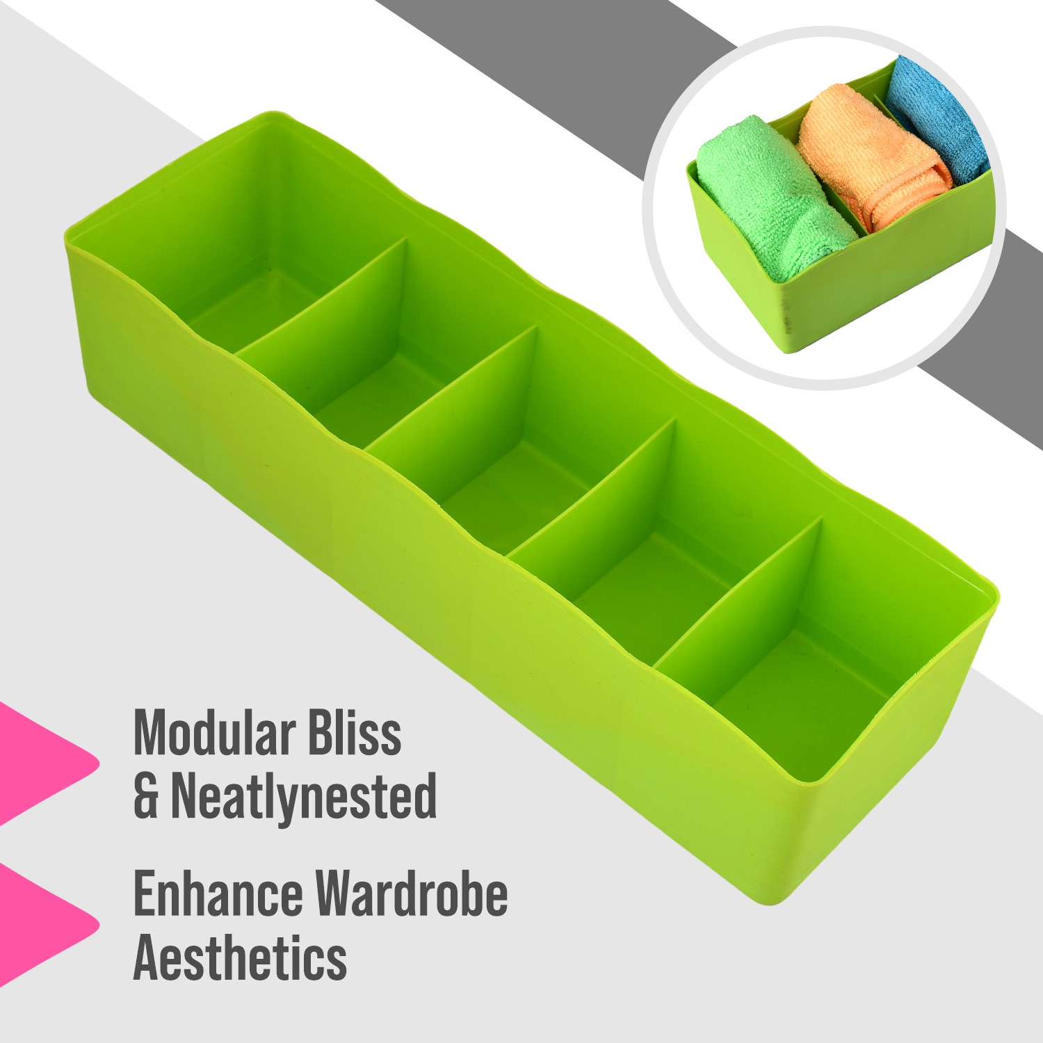 Kuber Industries Drawer Organizer | Plastic Undergarment Organizer for Socks-Ties | Stackable Drawer Divider Box | Closet Storage Box | 5 Grid Stationery Organizer|Green