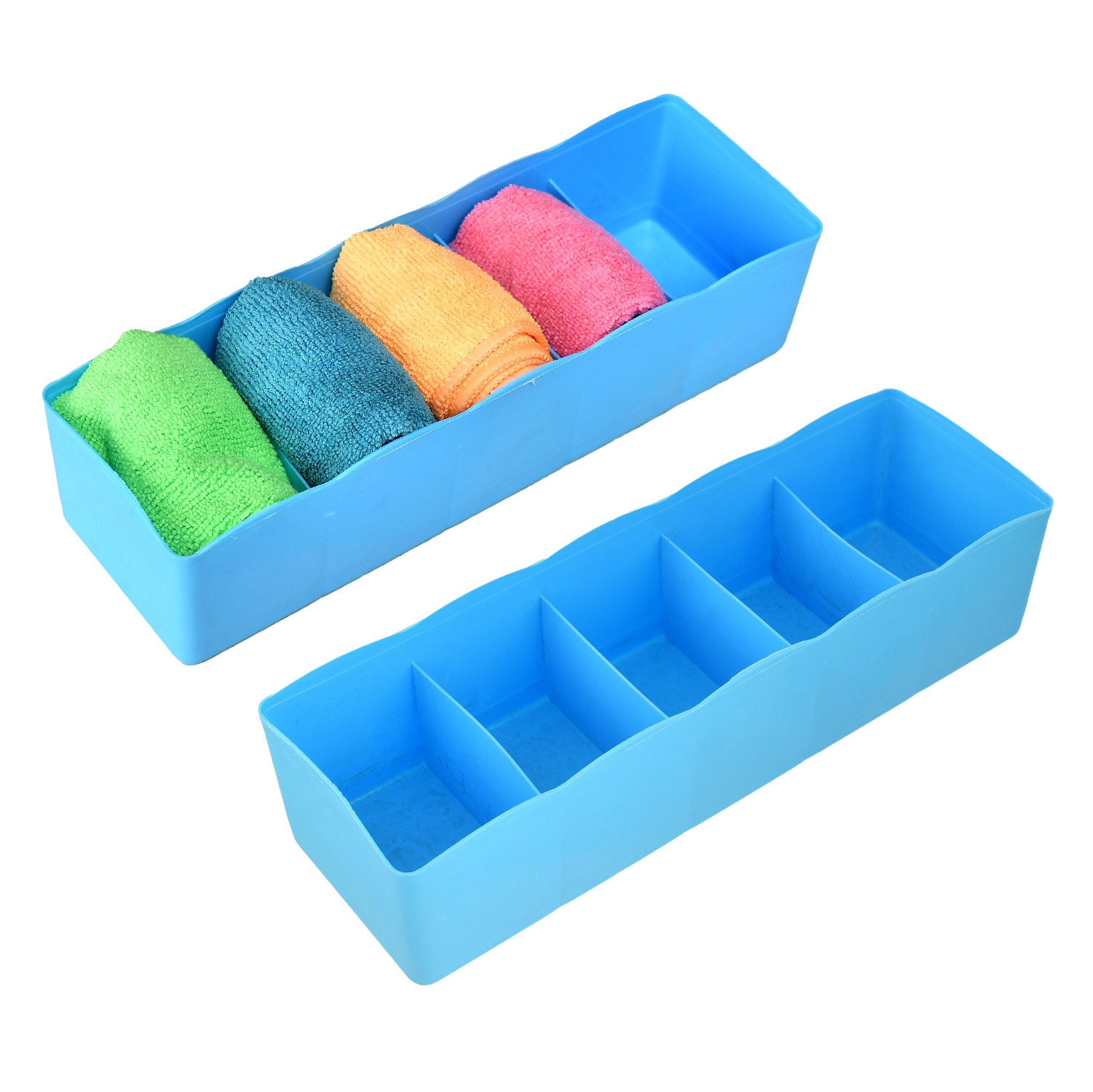 Kuber Industries Drawer Organizer | Plastic Undergarment Organizer for Socks-Ties | Stackable Drawer Divider Box | Closet Storage Box | 5 Grid Stationery Organizer|Blue