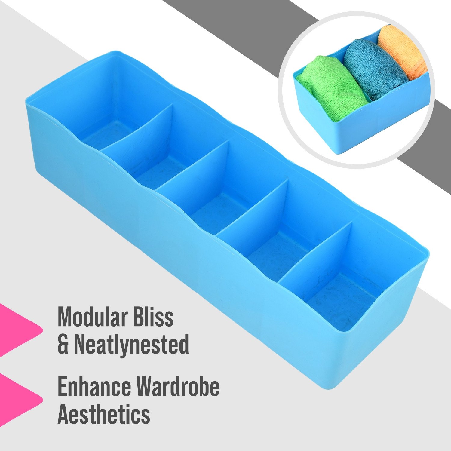 Kuber Industries Drawer Organizer | Plastic Undergarment Organizer for Socks-Ties | Stackable Drawer Divider Box | Closet Storage Box | 5 Grid Stationery Organizer|Blue