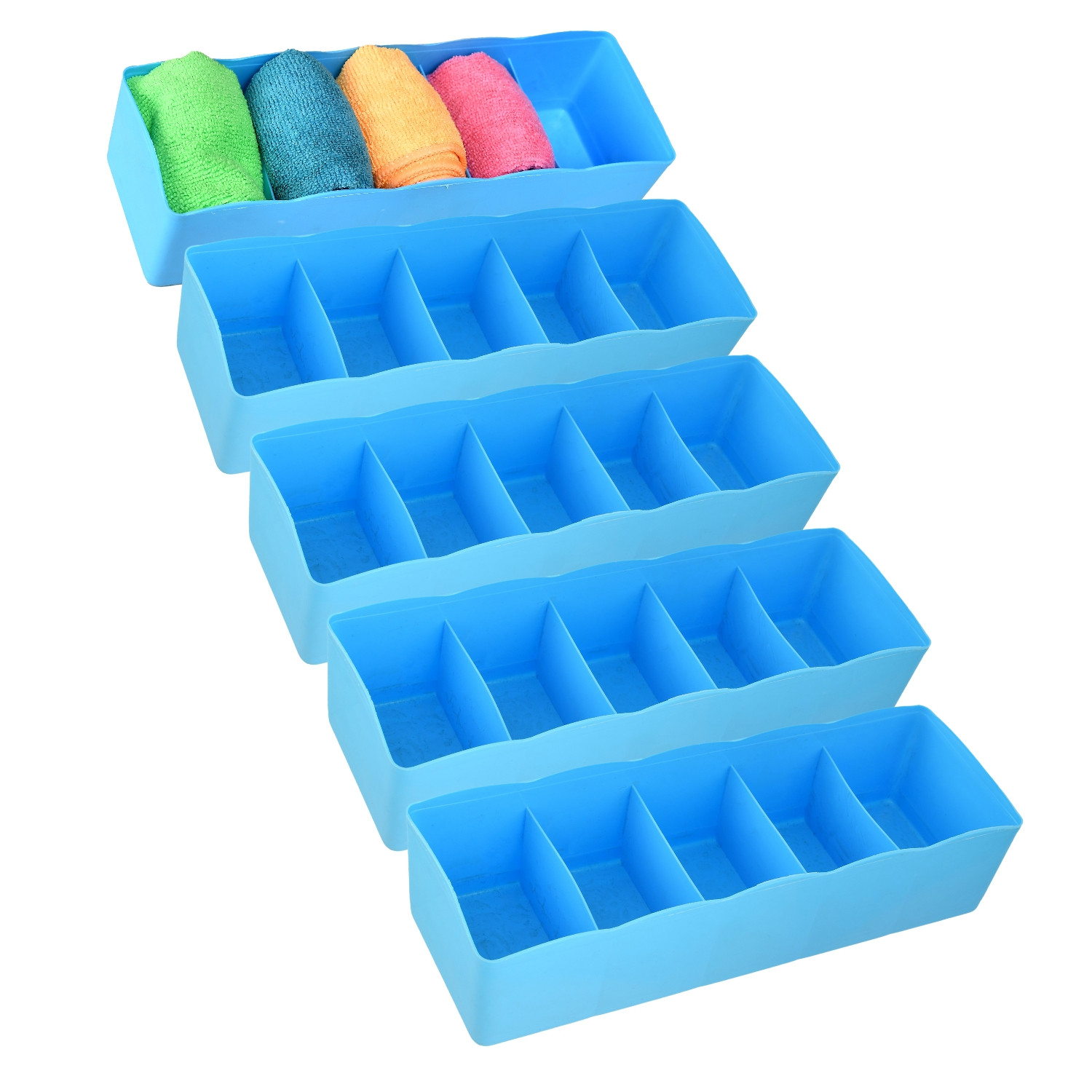 Kuber Industries Drawer Organizer | Plastic Undergarment Organizer for Socks-Ties | Stackable Drawer Divider Box | Closet Storage Box | 5 Grid Stationery Organizer|Blue