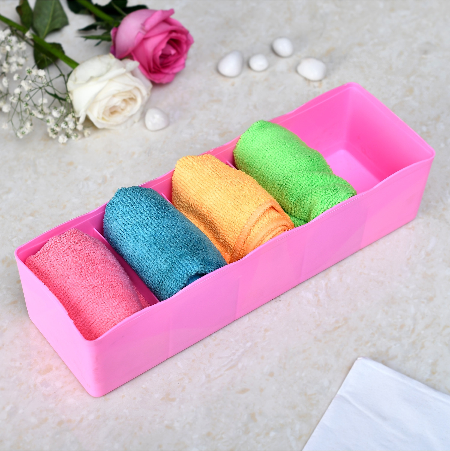 Kuber Industries Drawer Organizer | Plastic Undergarment Organizer for Socks-Ties | Stackable Drawer Divider Box | Closet Storage Box | 5 Grid Stationery Organizer |Pink