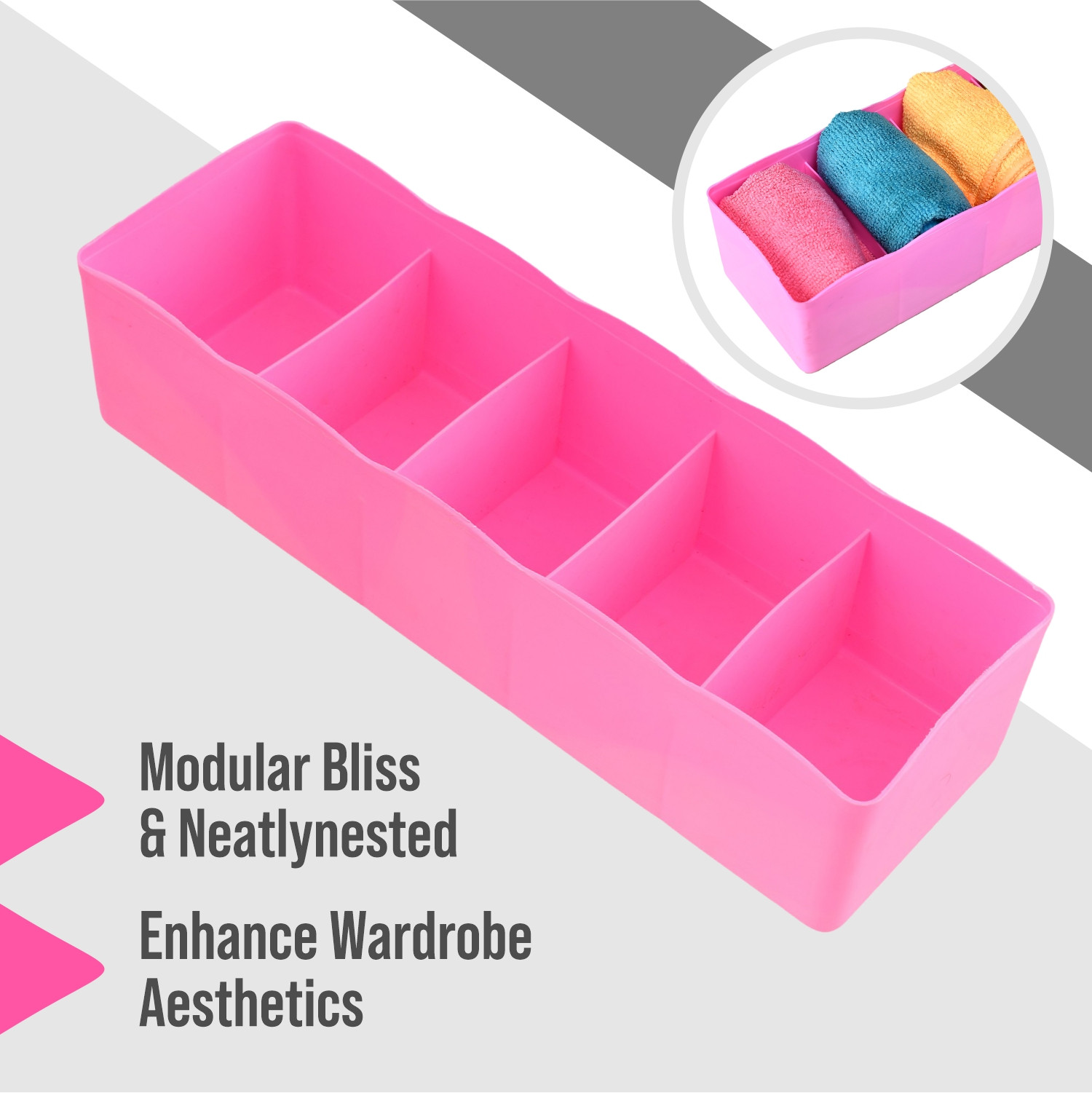 Kuber Industries Drawer Organizer | Plastic Undergarment Organizer for Socks-Ties | Stackable Drawer Divider Box | Closet Storage Box | 5 Grid Stationery Organizer |Pink