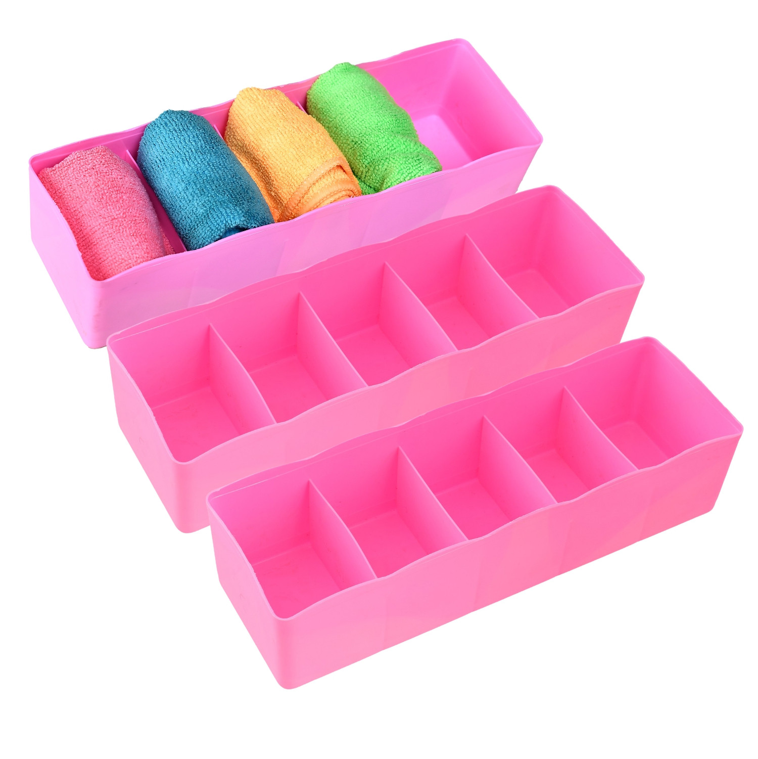 Kuber Industries Drawer Organizer | Plastic Undergarment Organizer for Socks-Ties | Stackable Drawer Divider Box | Closet Storage Box | 5 Grid Stationery Organizer |Pink