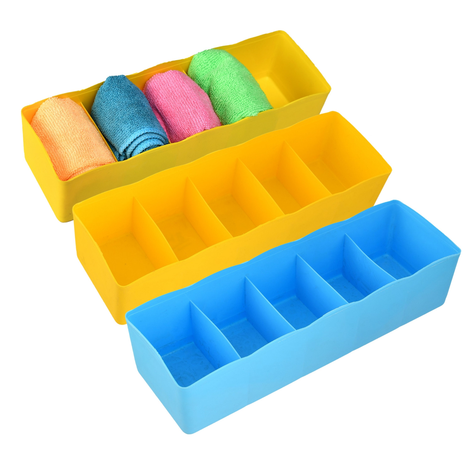 Kuber Industries Drawer Organizer | Plastic Undergarment Organizer for Socks-Ties | Stackable Drawer Divider Box | Closet Storage Box | 5 Grid Stationery Organizer | Pack of 3 | Multi
