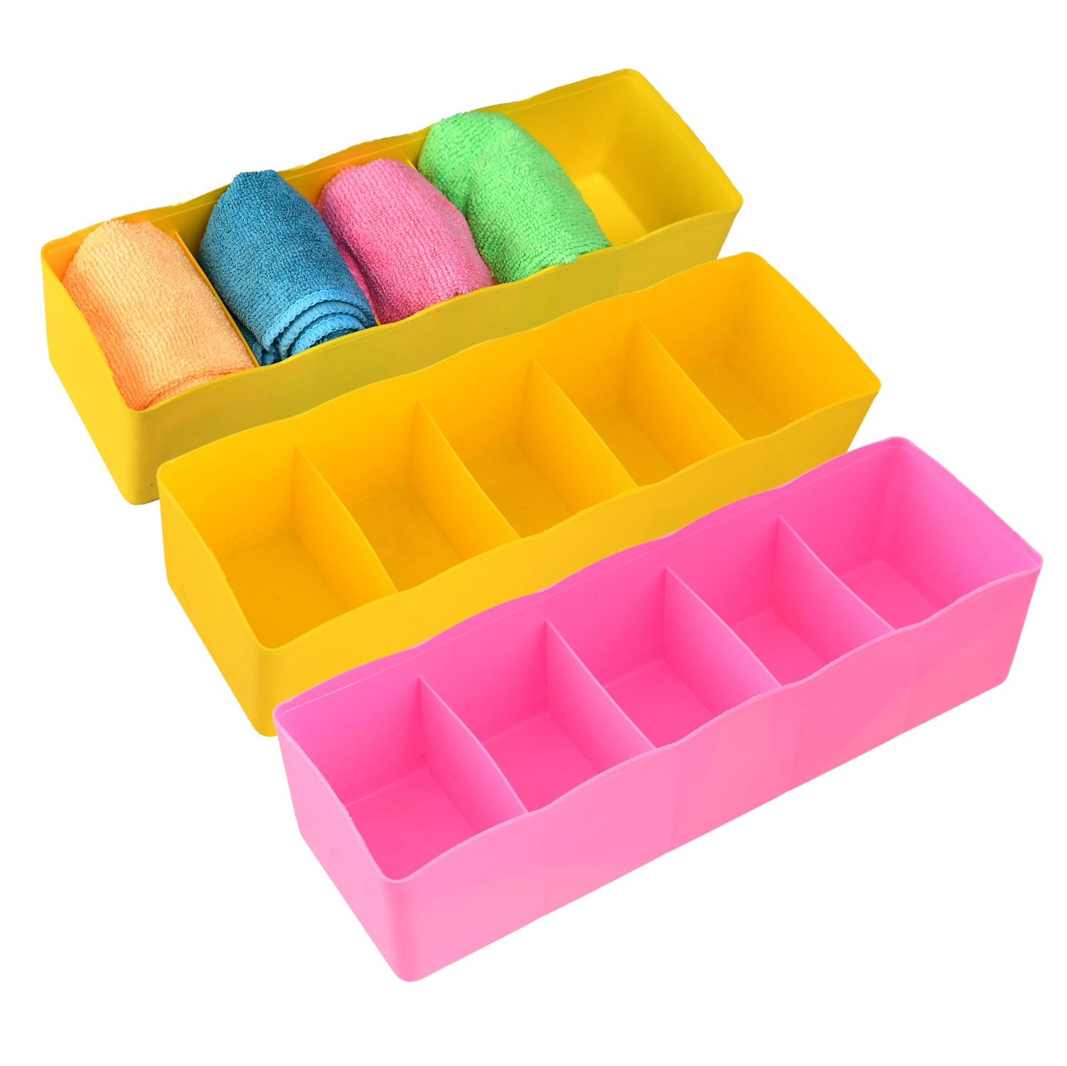 Kuber Industries Drawer Organizer | Plastic Undergarment Organizer for Socks-Ties | Stackable Drawer Divider Box | Closet Storage Box | 5 Grid Stationery Organizer | Pack of 3 | Multi