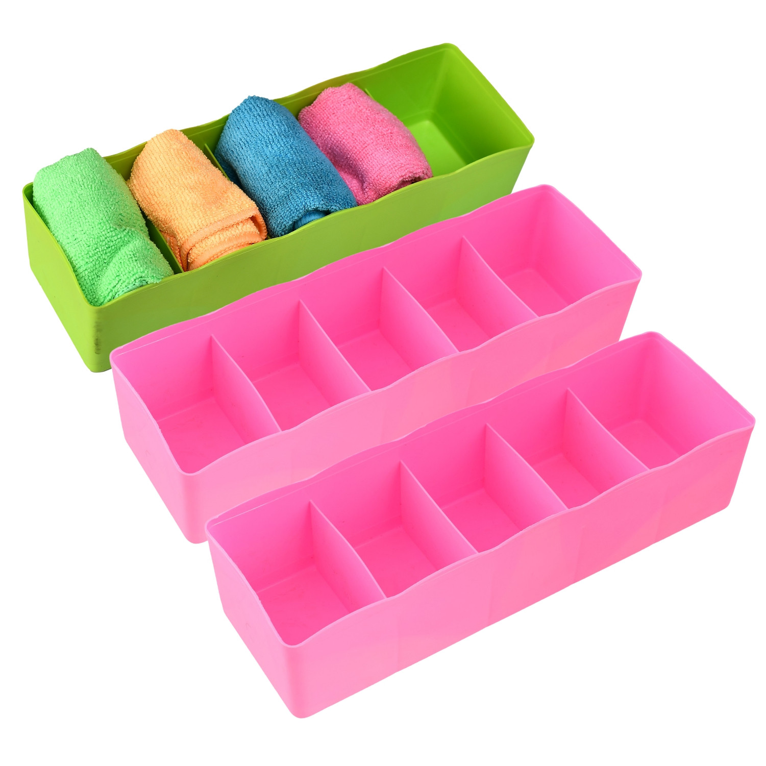 Kuber Industries Drawer Organizer | Plastic Undergarment Organizer for Socks-Ties | Stackable Drawer Divider Box | Closet Storage Box | 5 Grid Stationery Organizer | Pack of 3 | Multi